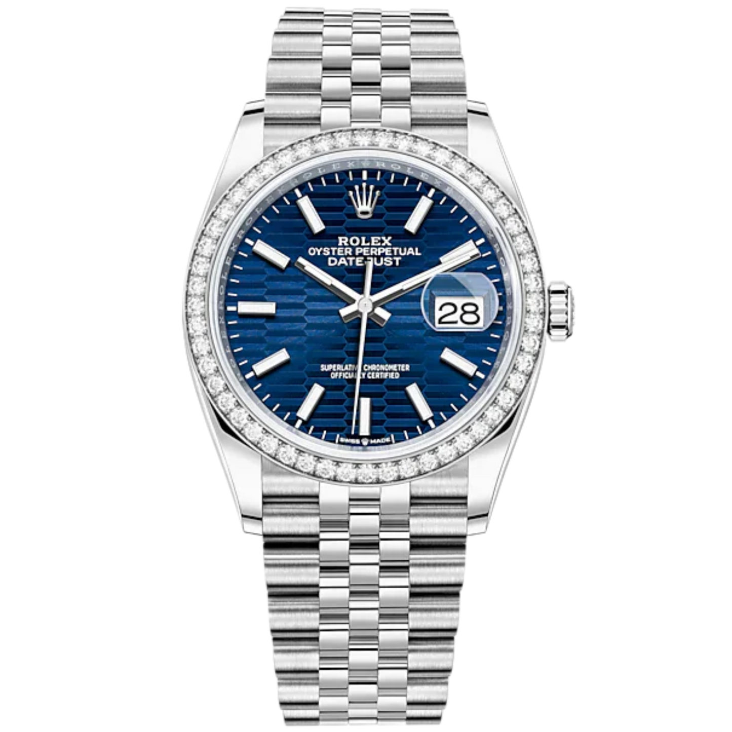 Datejust 36 36mm Oystersteel Jubilee Bracelet and White Gold with Bright Blue Fluted-Motif Dial Diamond-Set Bezel