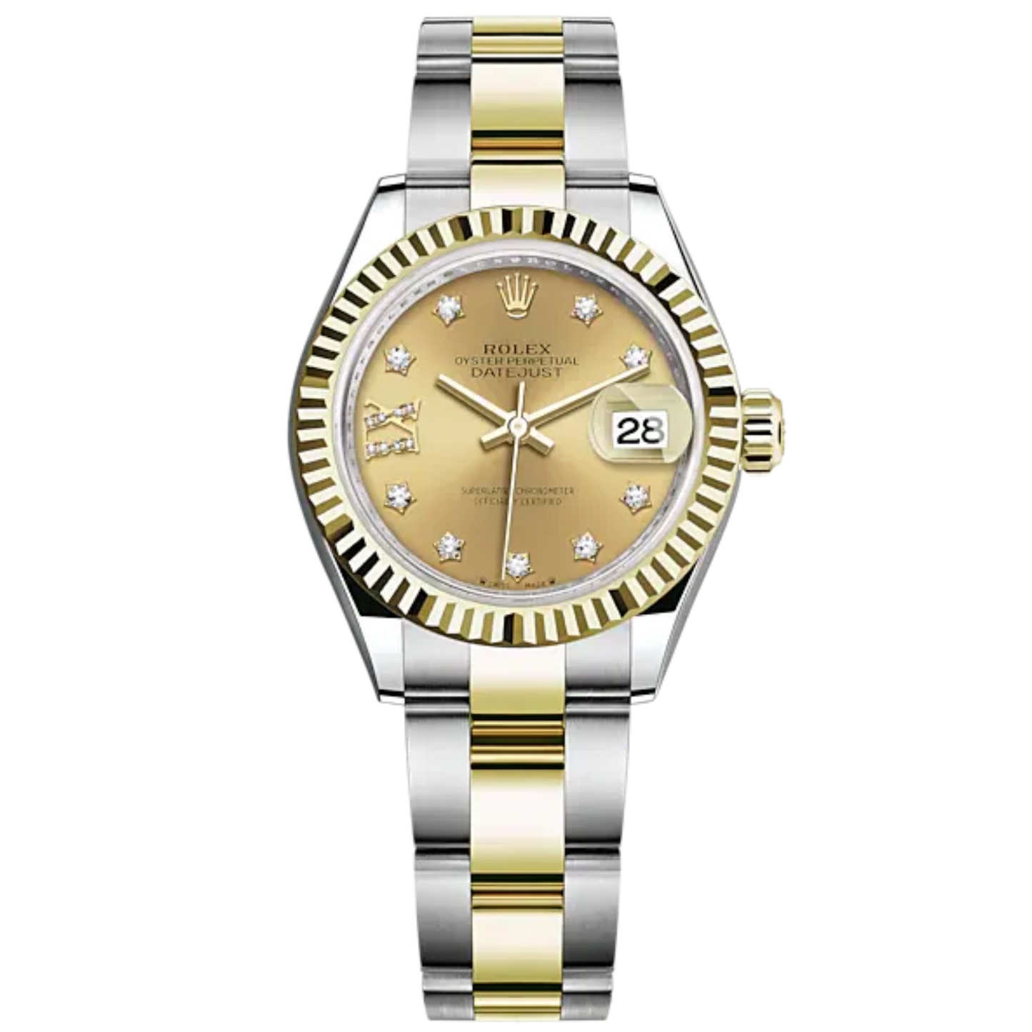 Lady-DateJust 28mm Oyster Oystersteel Bracelet and Yellow Gold with Champagne-Colour Dial Diamond-Set Dial Fluted Bezel