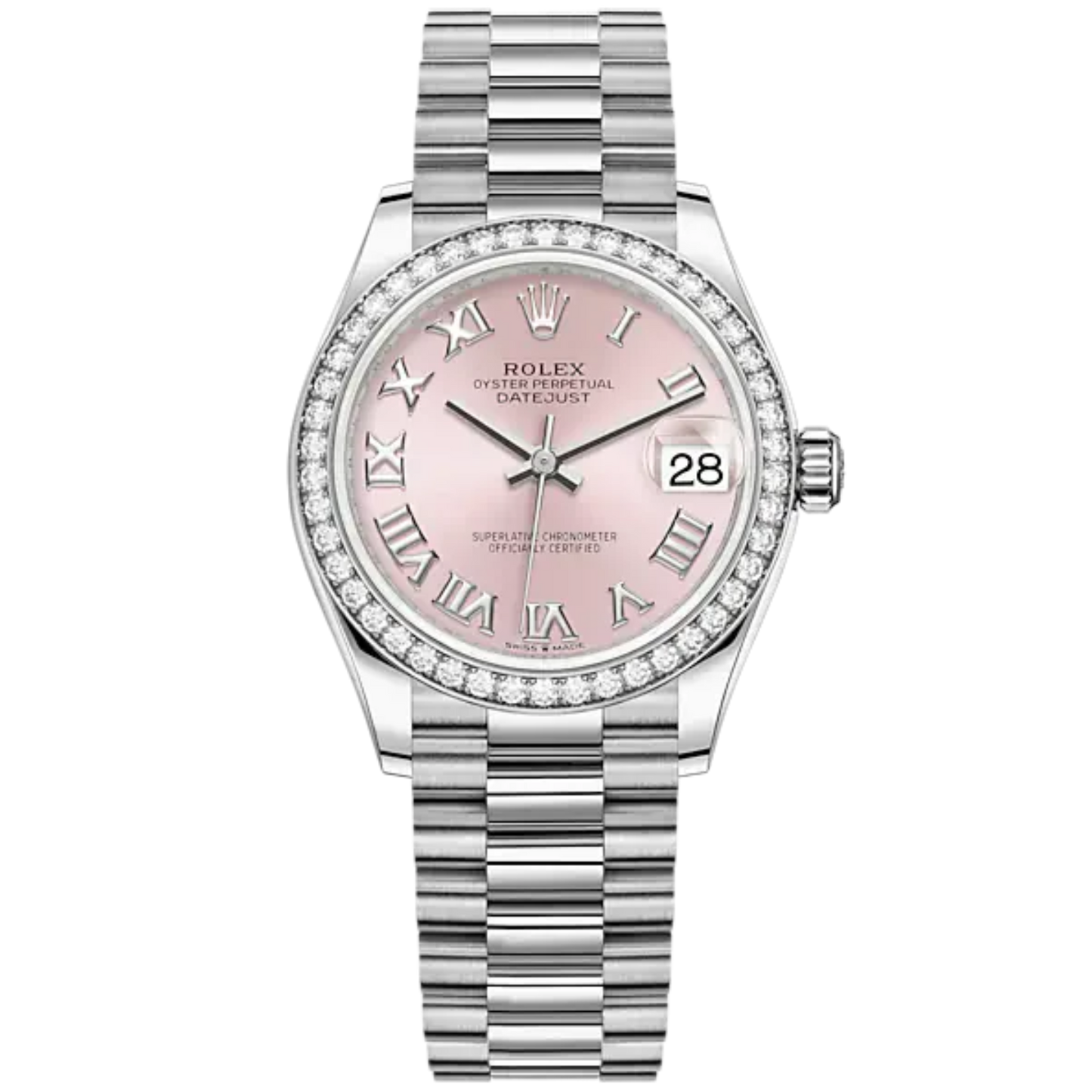 Datejust 31 31mm President Bracelet Oystersteel and White Gold with Pink Roman Dial Diamond-Set Bezel