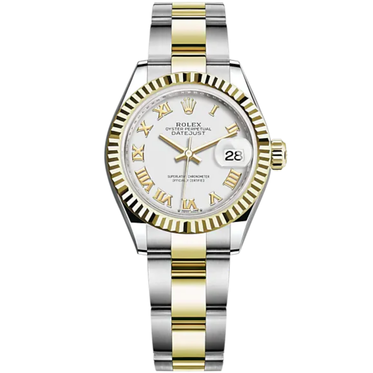 Lady-DateJust 28mm Oyster Oystersteel Bracelet and Yellow Gold with White Dial Fluted Bezel