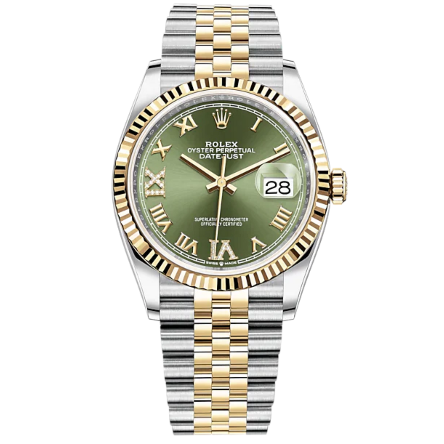 Datejust 36 36mm Oystersteel Jubilee Bracelet and Yellow Gold with Olive-Green Diamond-Set Dial Fluted Bezel