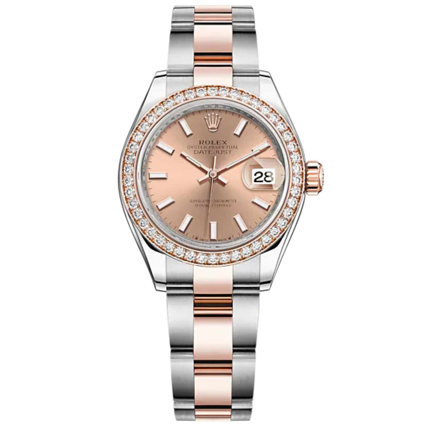 Lady-DateJust 28mm Oyster Oystersteel Bracelet and Everose Gold with Rosé-Colour Dial Diamond-Set Bezel