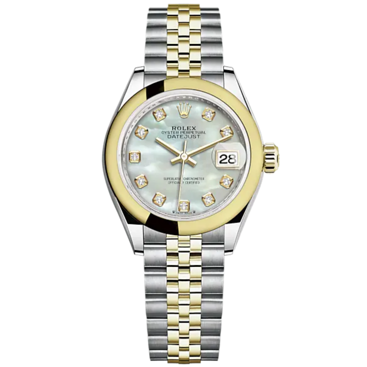Lady-DateJust 28mm Oystersteel Jubilee Bracelet and Yellow Gold with White Mother-of-Pearl Diamond-Set Dial Domed Bezel