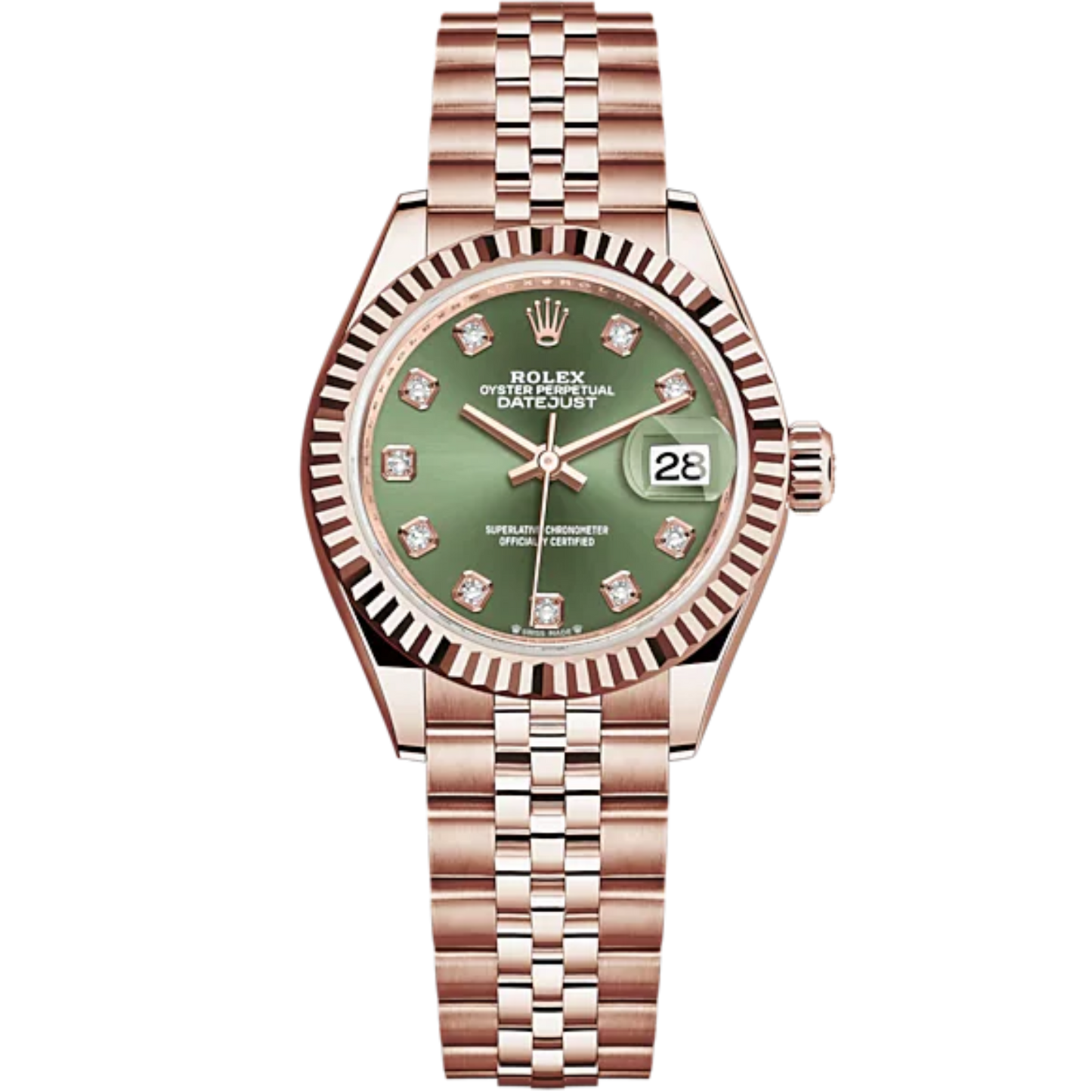 Lady-DateJust 28mm Jubilee Bracelet and 18 KT Everose Gold with Olive-Green Dial Diamond-Set Dial Fluted Bezel