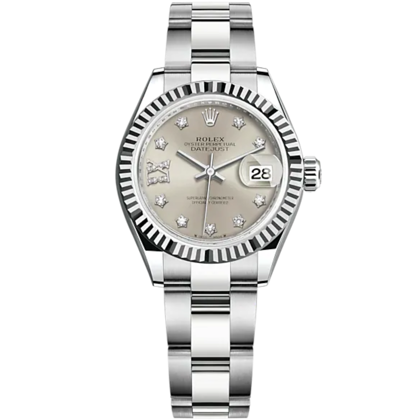 Lady-DateJust 28mm Oyster Oystersteel Bracelet and White Gold with Silver Dial Diamond-Set Dial Fluted Bezel