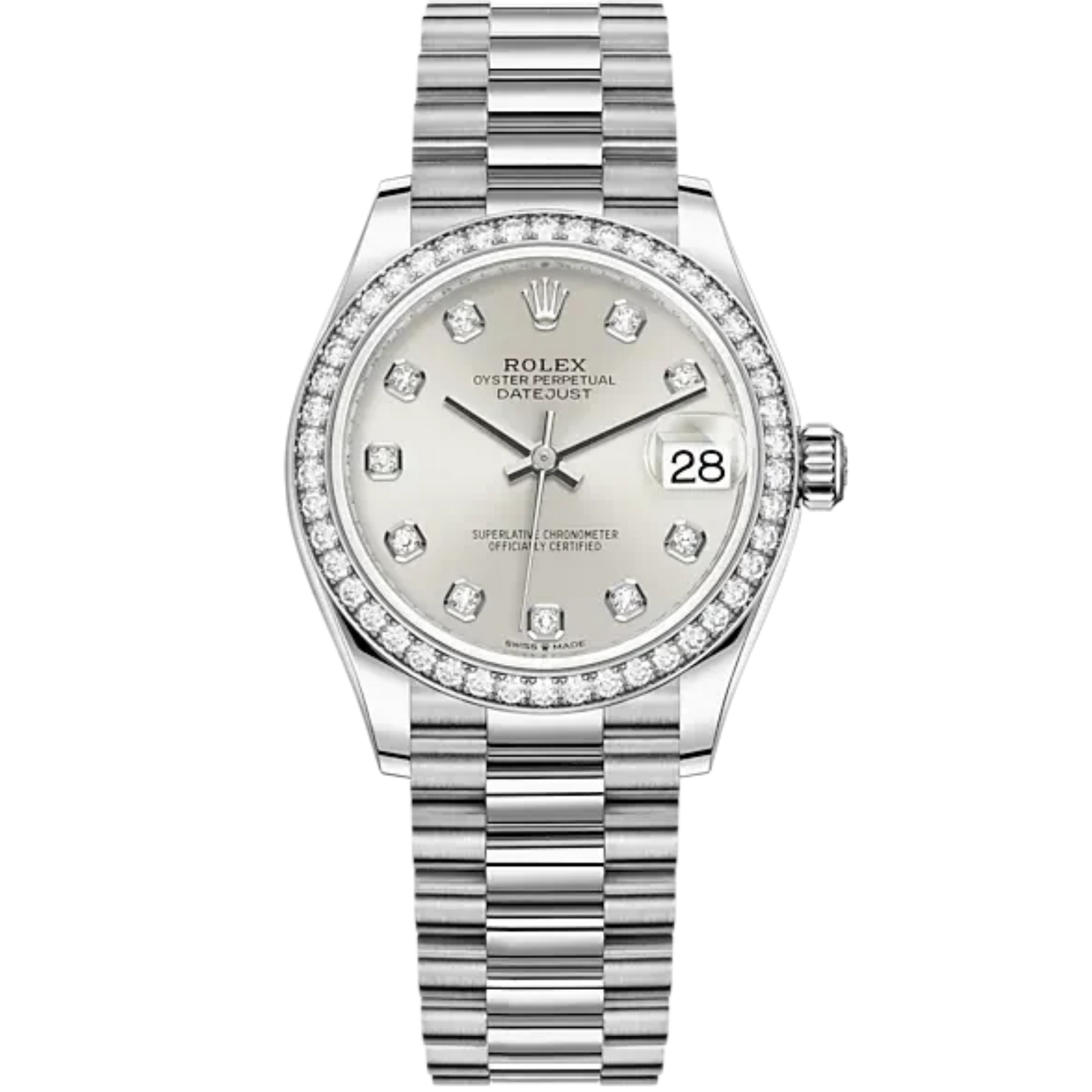Datejust 31 31mm President Bracelet Oystersteel and White Gold with Silver Diamond-Set Dial Diamond-Set Bezel