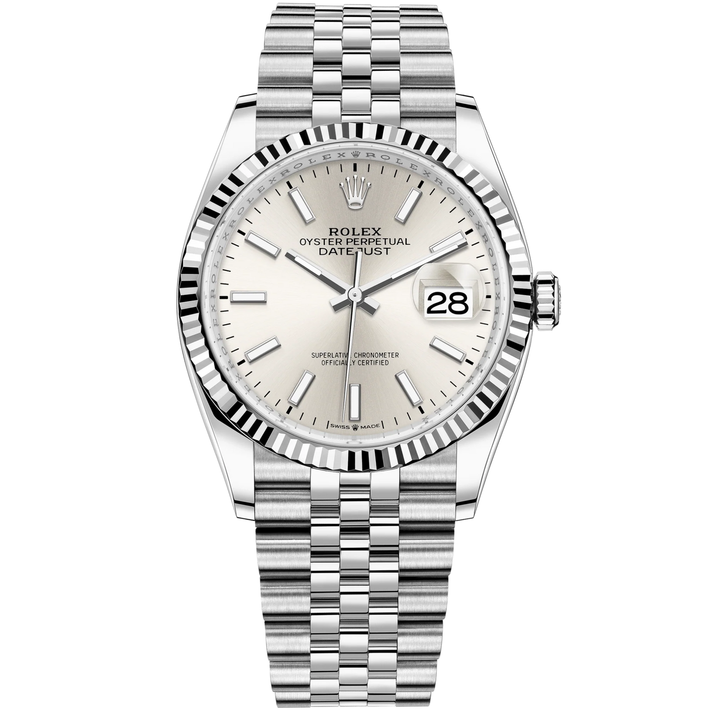 Rolex Datejust Ref. 126234 36mm Jubilee Bracelet and White Gold with Silver Stick Dial Fluted Bezel