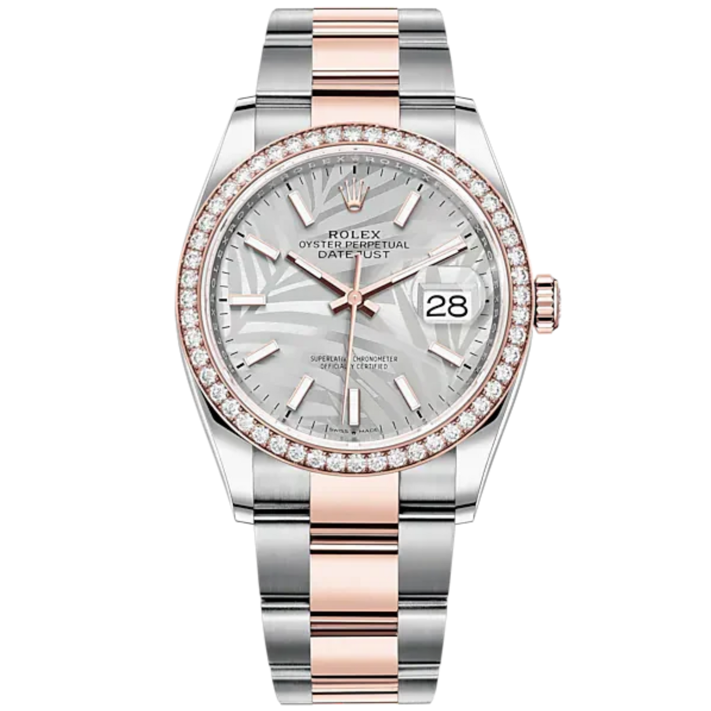 Datejust 36 36mm Oyster Bracelet Oystersteel and Everose Gold with Silver Palm-Motif Dial Diamond-Set Bezel
