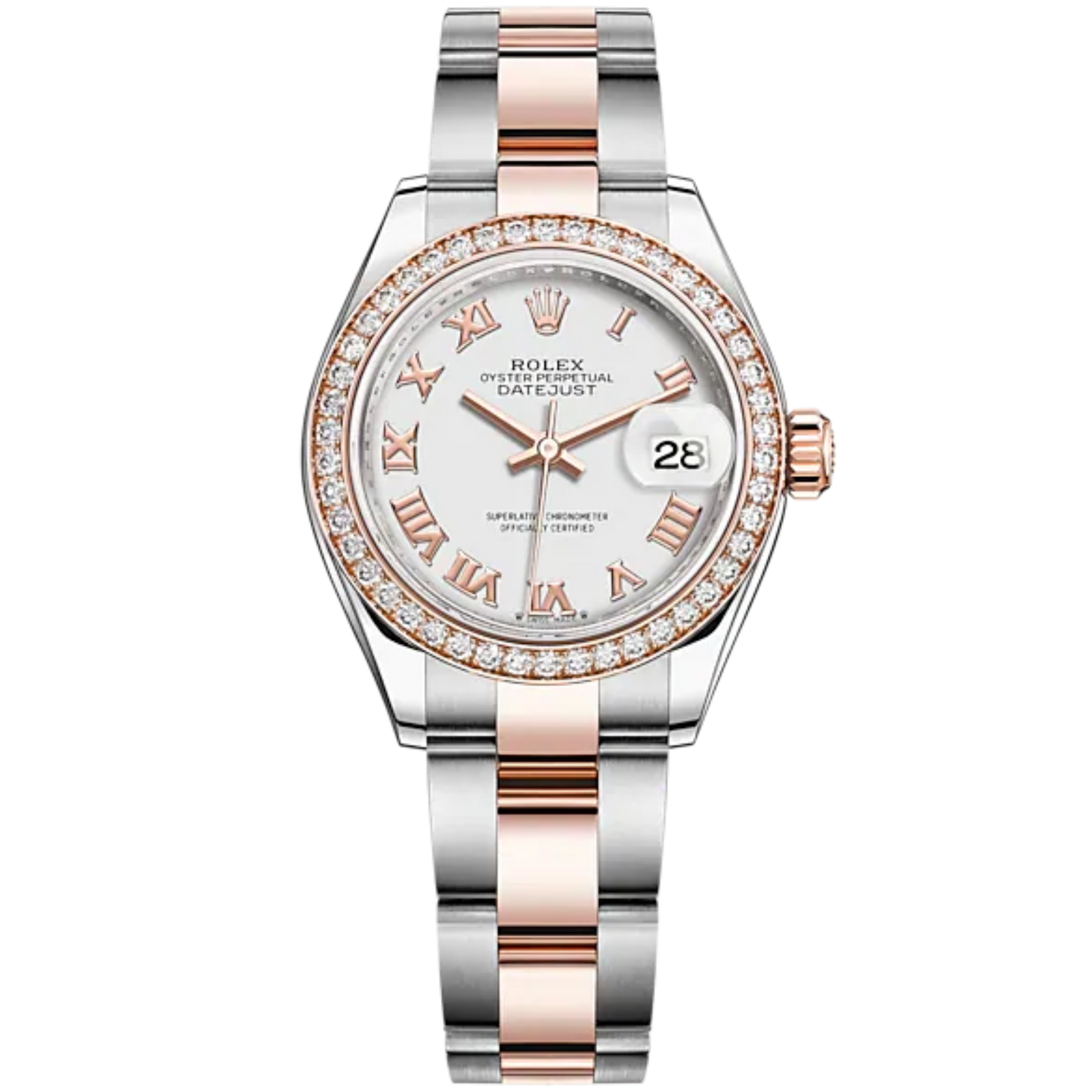 Lady-DateJust 28mm Oyster Oystersteel Bracelet and Everose Gold with White Dial Diamond-Set Bezel
