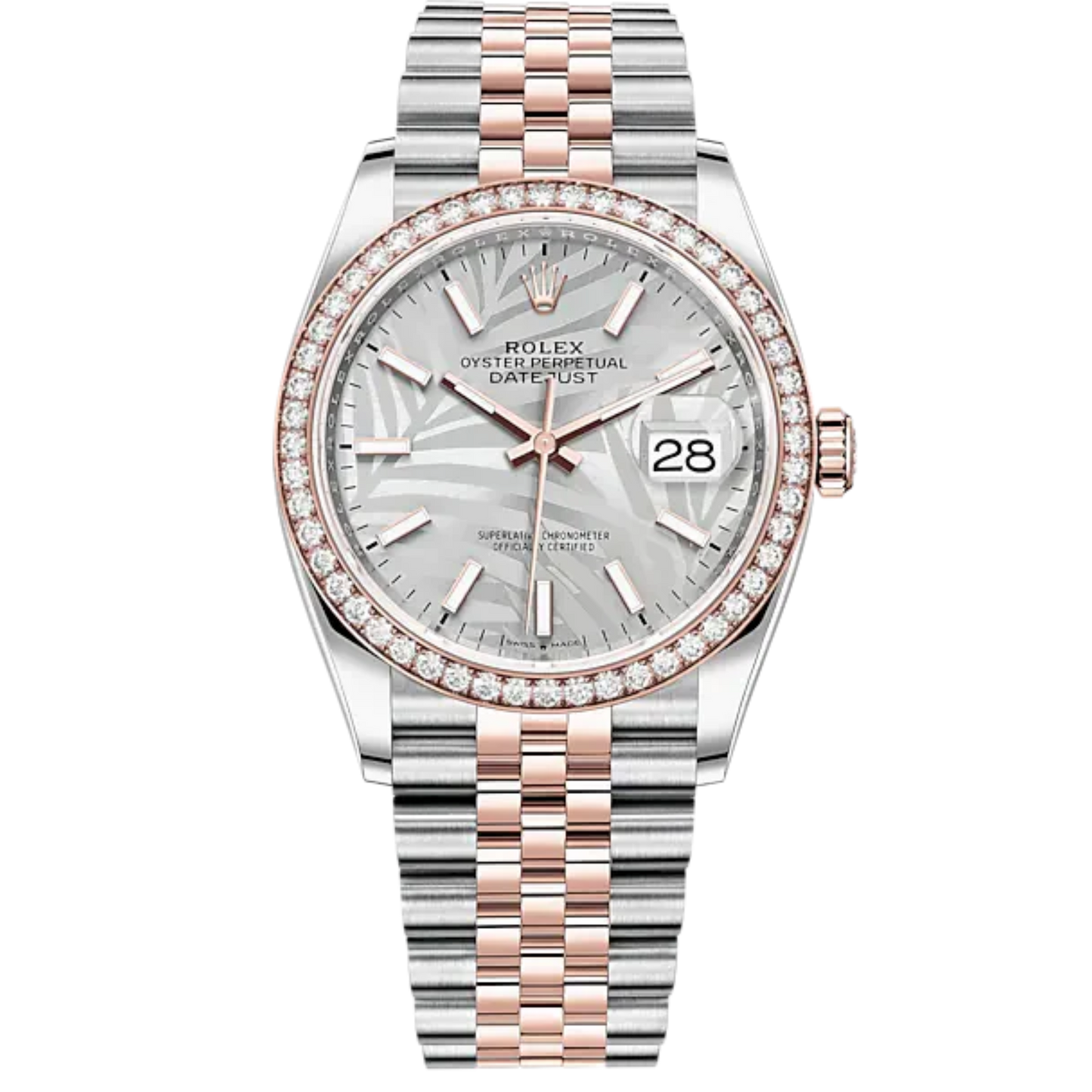 Datejust 36 36mm Oystersteel Jubilee Bracelet and Everose Gold with Silver Palm-Motif Dial Diamond-Set Bezel
