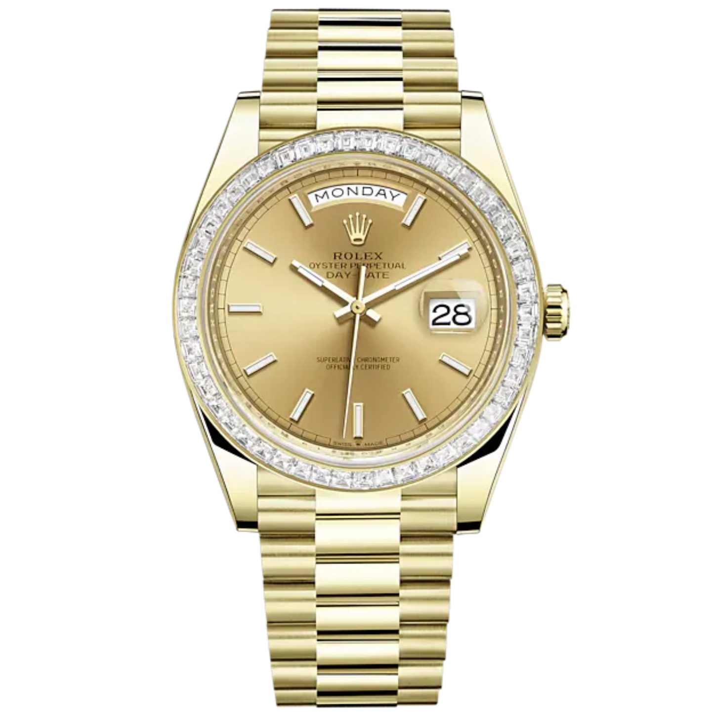 Day-Date 40 40mm President Bracelet and 18 KT Yellow Gold with Champagne-Colour Index Dial and Diamond-Set Bezel