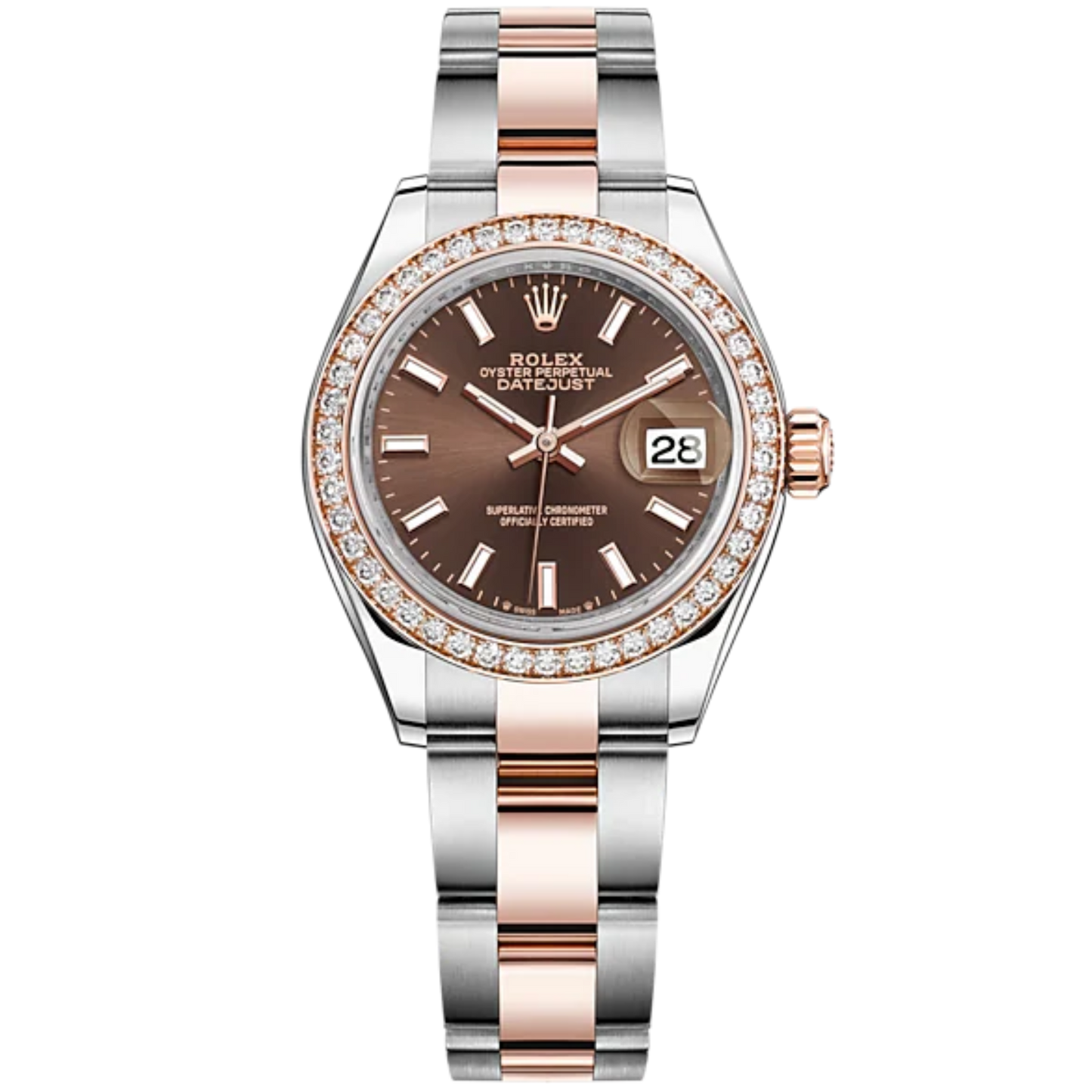 Lady-DateJust 28mm Oyster Oystersteel Bracelet and Everose Gold with Chocolate Dial Diamond-Set Bezel