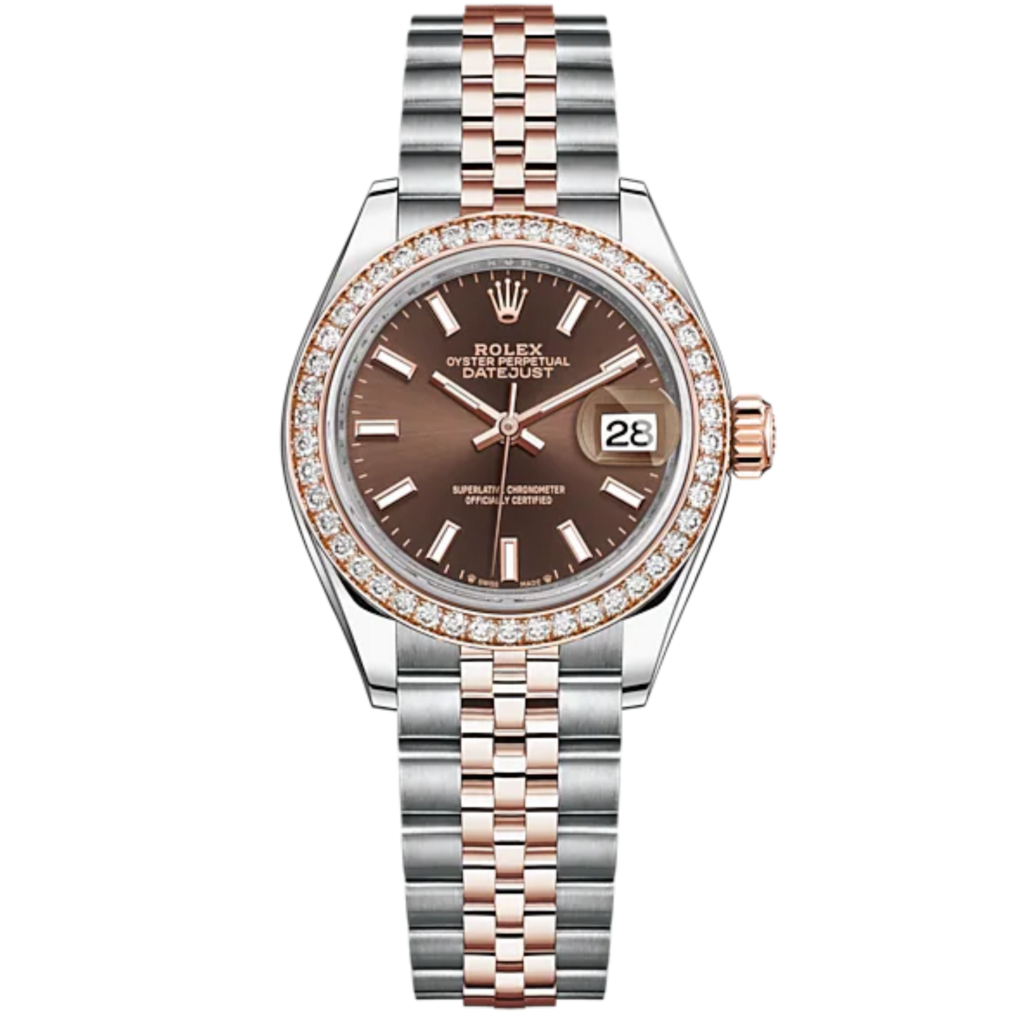 Lady-DateJust 28mm Oystersteel Jubilee Bracelet and Everose Gold with Chocolate Dial and Diamond-Set Bezel