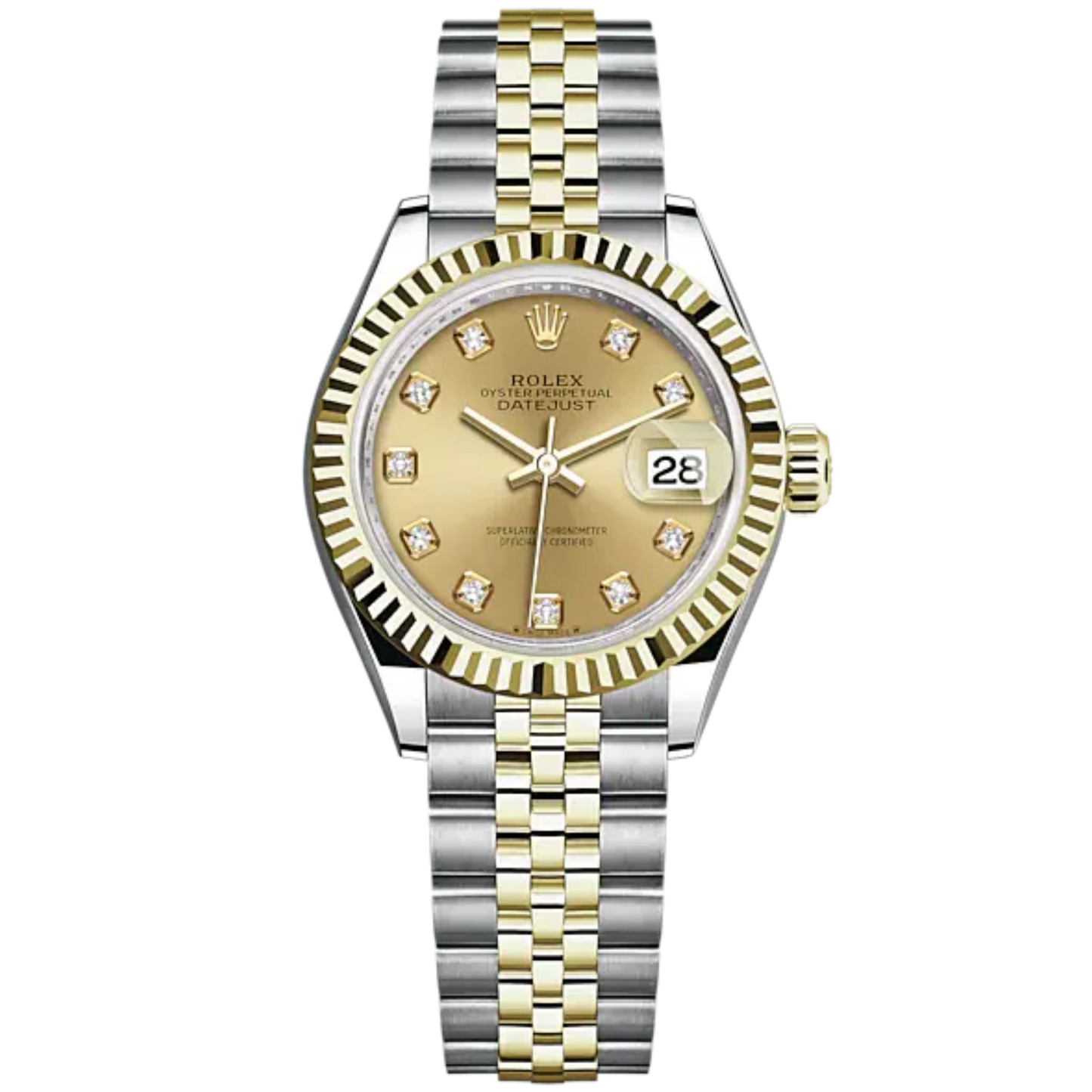 Lady-DateJust 28mm Oystersteel Jubilee Bracelet and Yellow Gold with Champagne-Colour Dial Diamond-Set Dial and Fluted Bezel