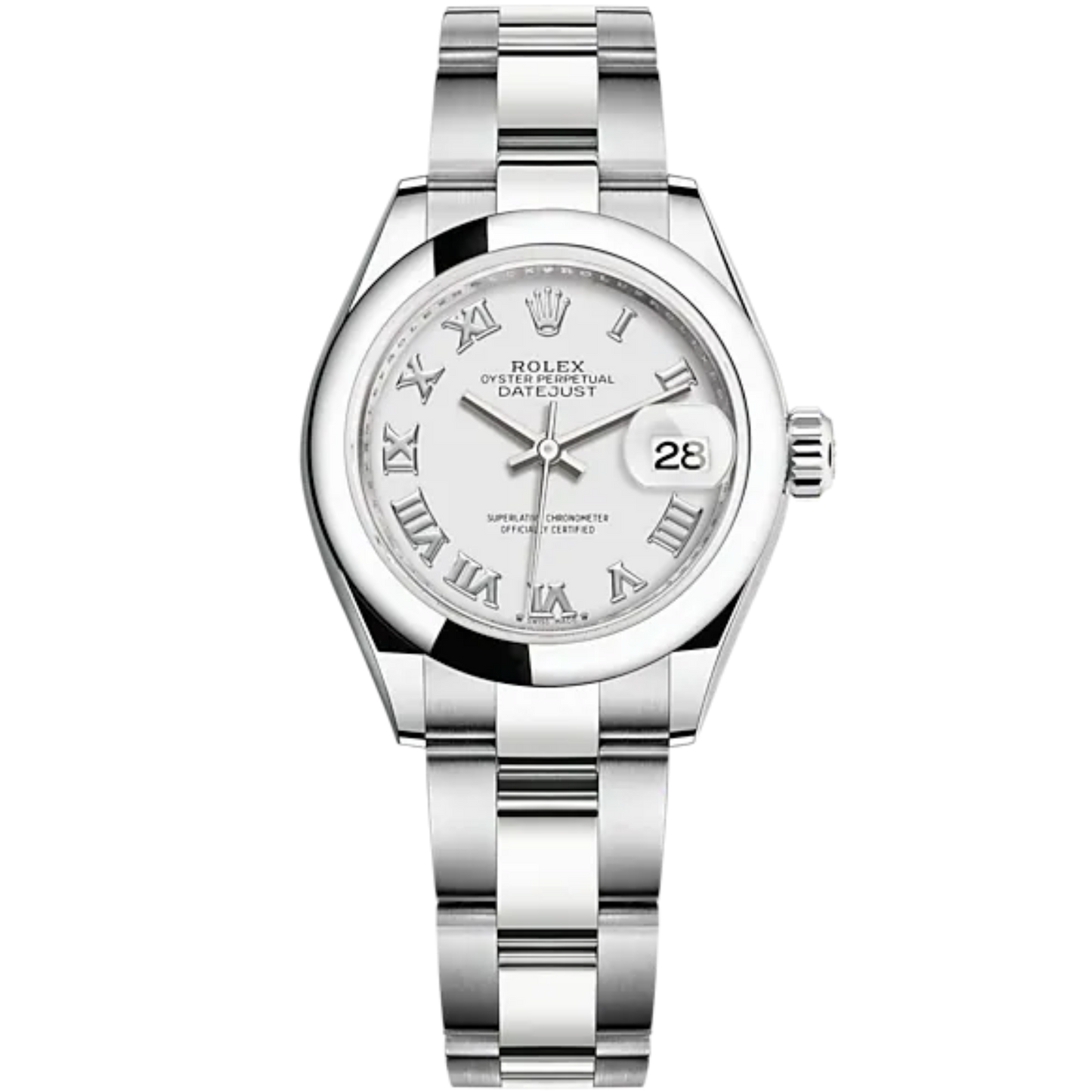 Lady-DateJust 28mm Oyster Oystersteel Bracelet with White Dial and Domed Bezel