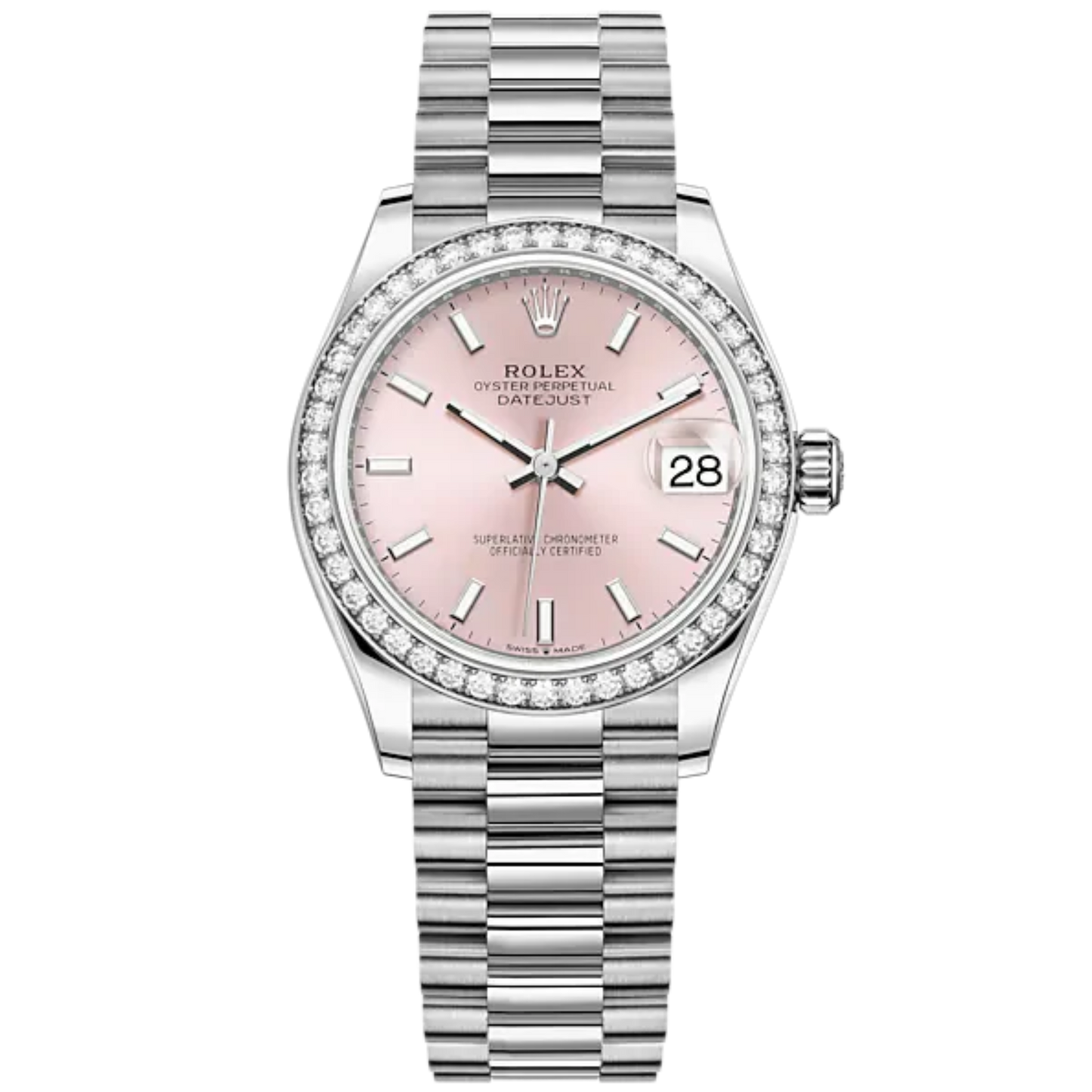 Datejust 31 31mm President Bracelet Oystersteel and White Gold with Pink Dial Diamond-Set Bezel