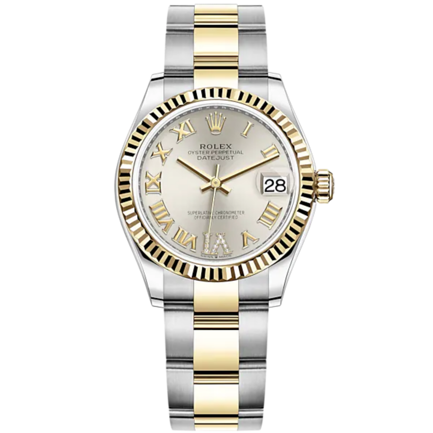 Datejust 31 31mm Oyster Bracelet Oystersteel and Yellow Gold with Silver Diamond-Set Dial Fluted Bezel