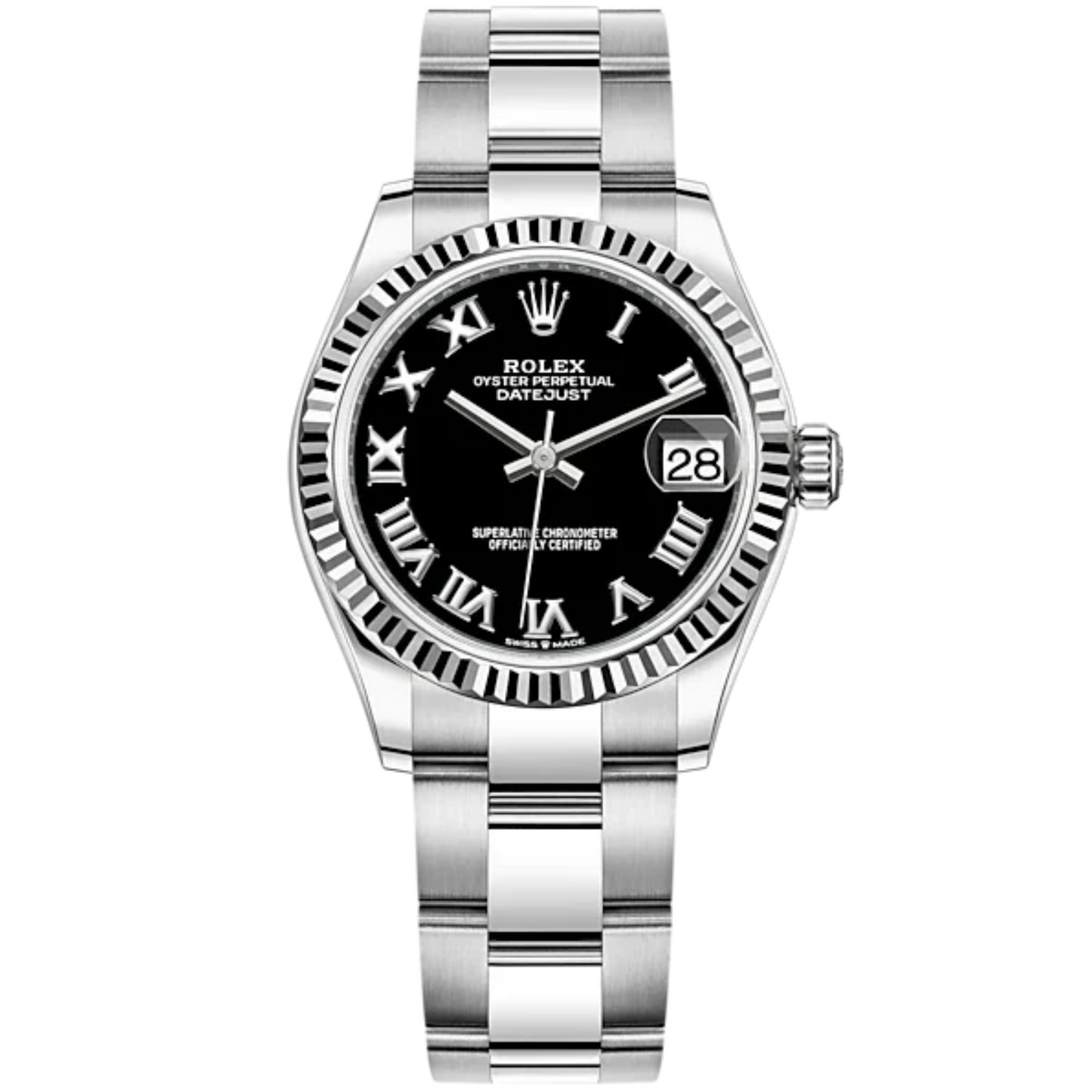 Datejust 31 31mm Oyster Bracelet Oystersteel and White Gold with Bright Black Dial Fluted Bezel