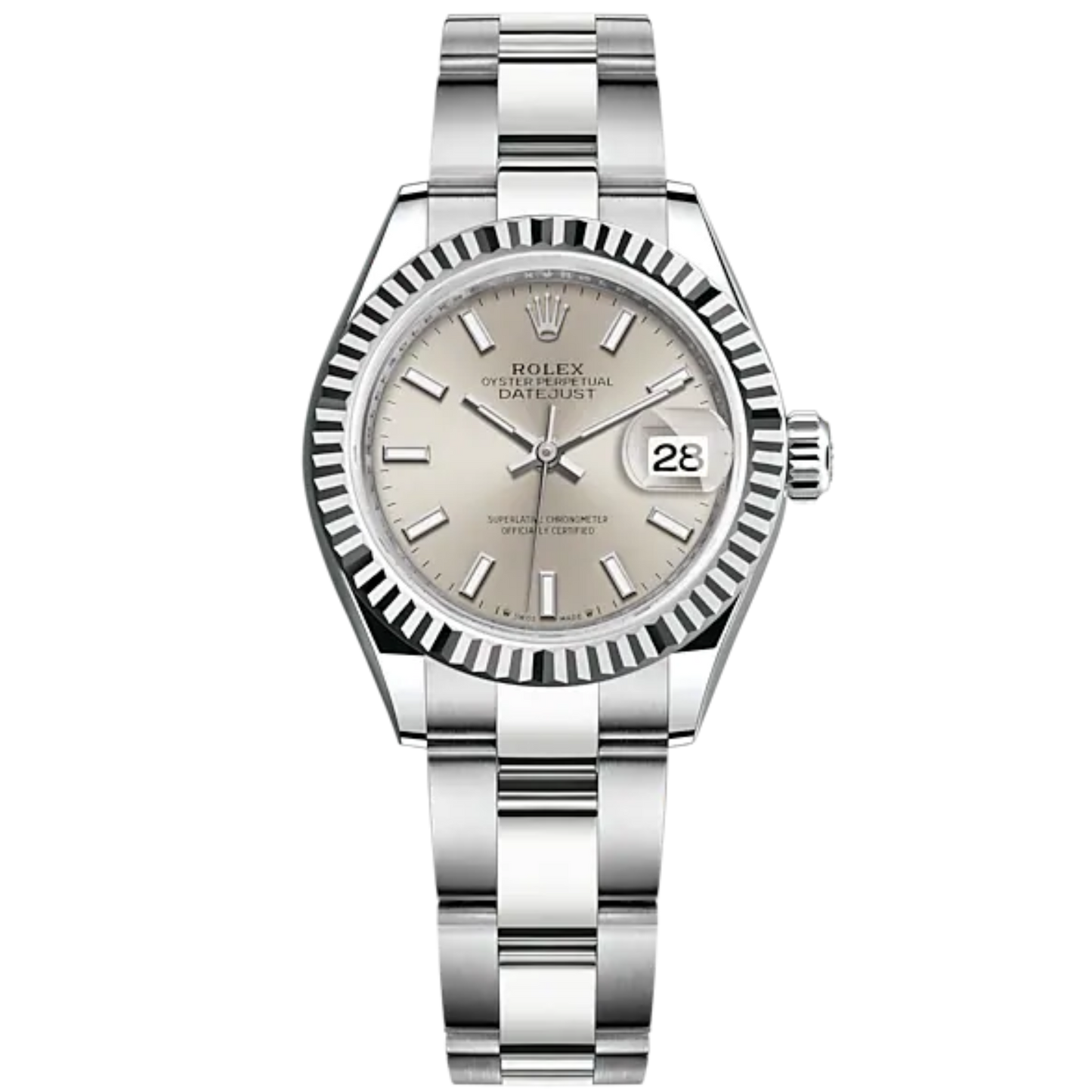 Lady-DateJust 28mm Oyster Oystersteel Bracelet and White Gold with Silver Dial and Fluted Bezel