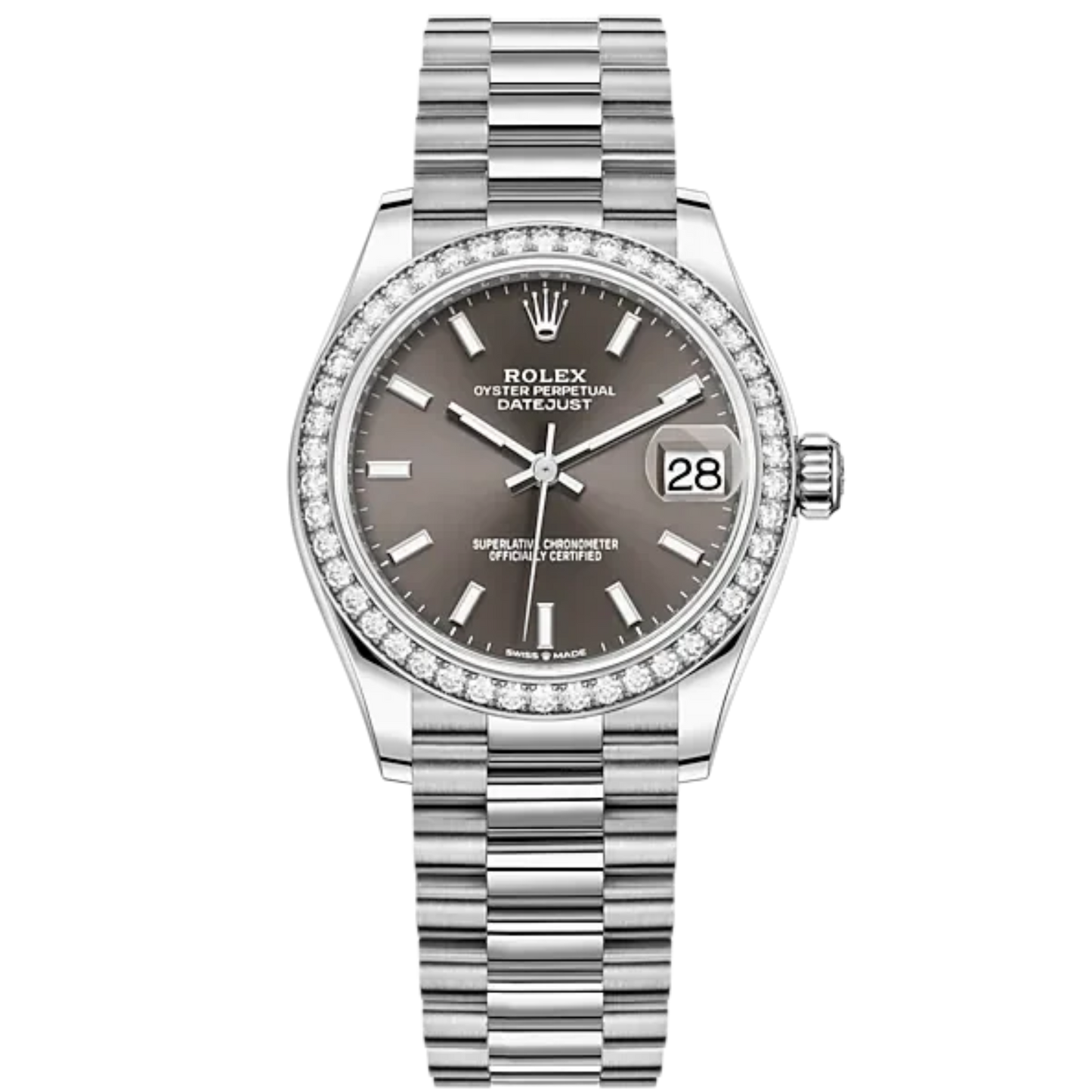 Datejust 31 31mm President Bracelet Oystersteel and White Gold with Dark Grey Dial Diamond-Set Bezel
