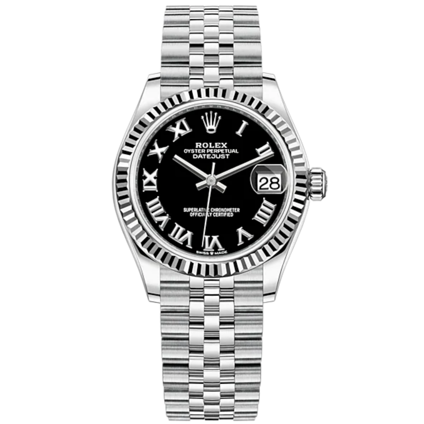 Datejust 31 31mm Jubilee Bracelet Oystersteel and White Gold with Bright Black Dial Fluted Bezel