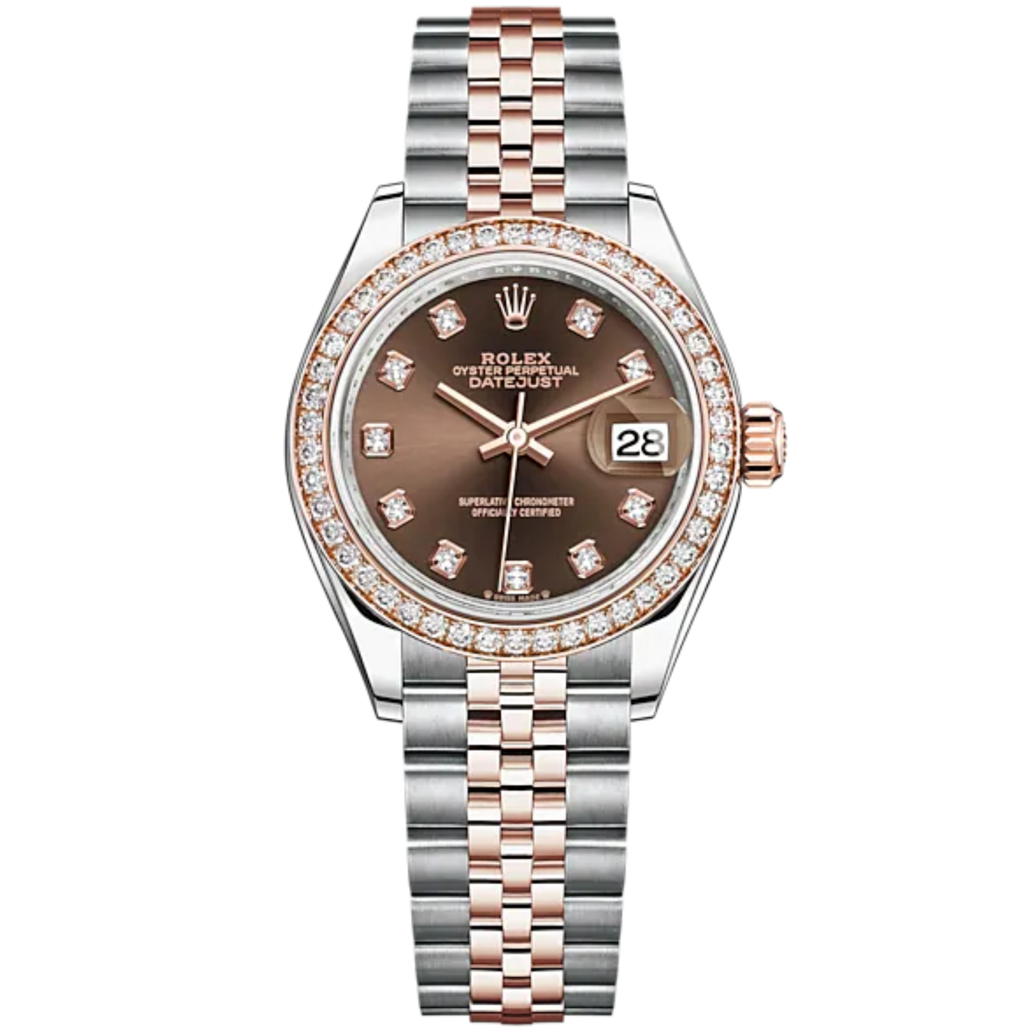 Rolex Lady-DateJust Ref. 279381RBR 28mm RG/SS Jubilee Bracelet Chocolate Dial Diamond-Set Dial and Bezel