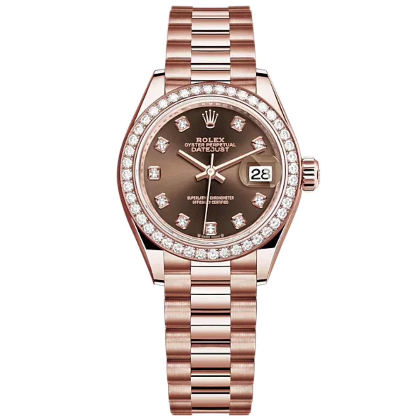 Lady-DateJust 28mm President Bracelet and 18 KT Everose Gold with Chocolate Dial Diamond-Set Dial and Diamond-Set Bezel