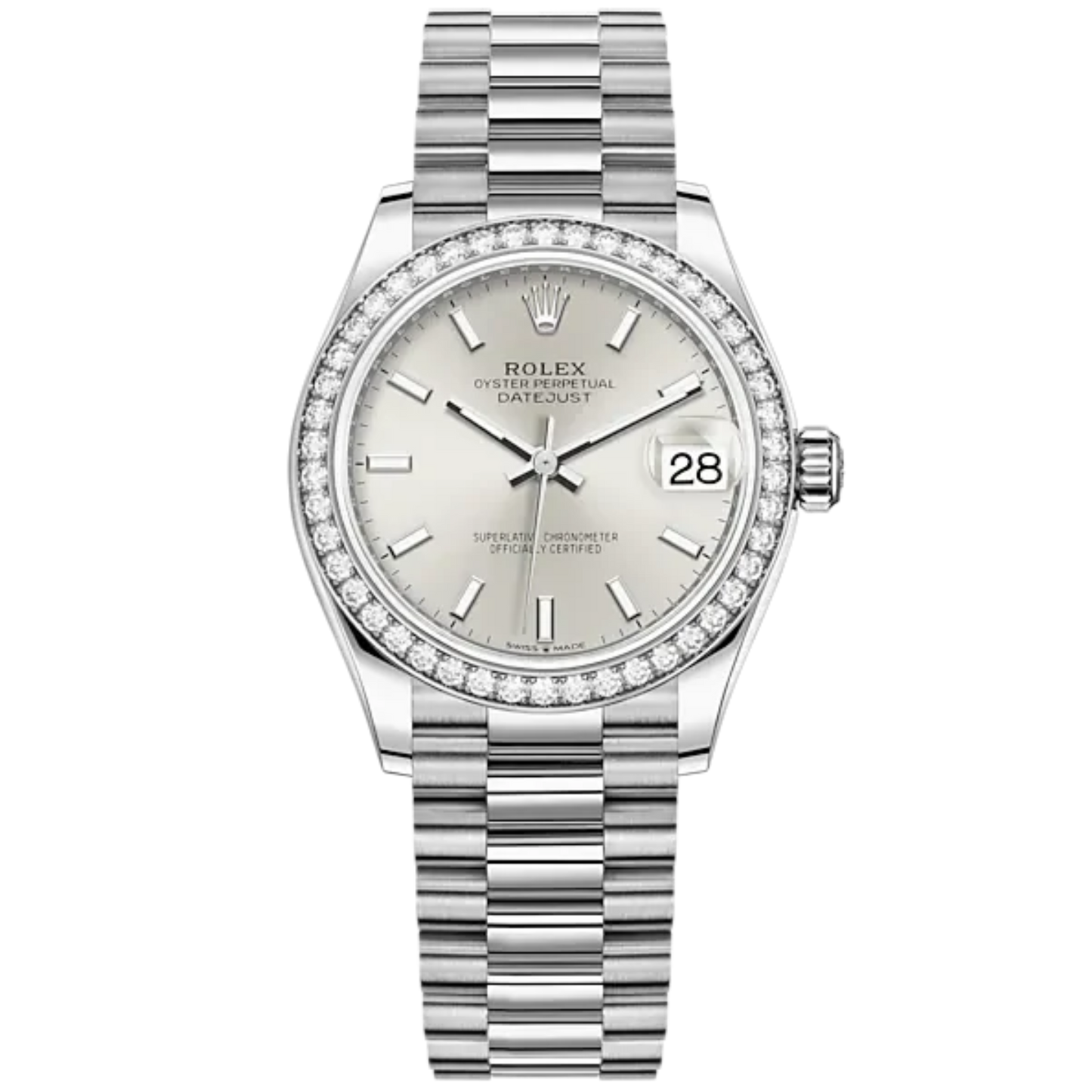 Datejust 31 31mm President Bracelet and White Gold with Silver Dial Diamond-Set Bezel