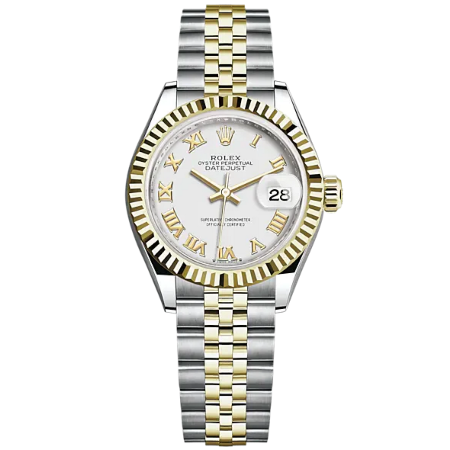 Lady-DateJust 28mm Oystersteel Jubilee Bracelet and Yellow Gold with White Dial and Fluted Bezel
