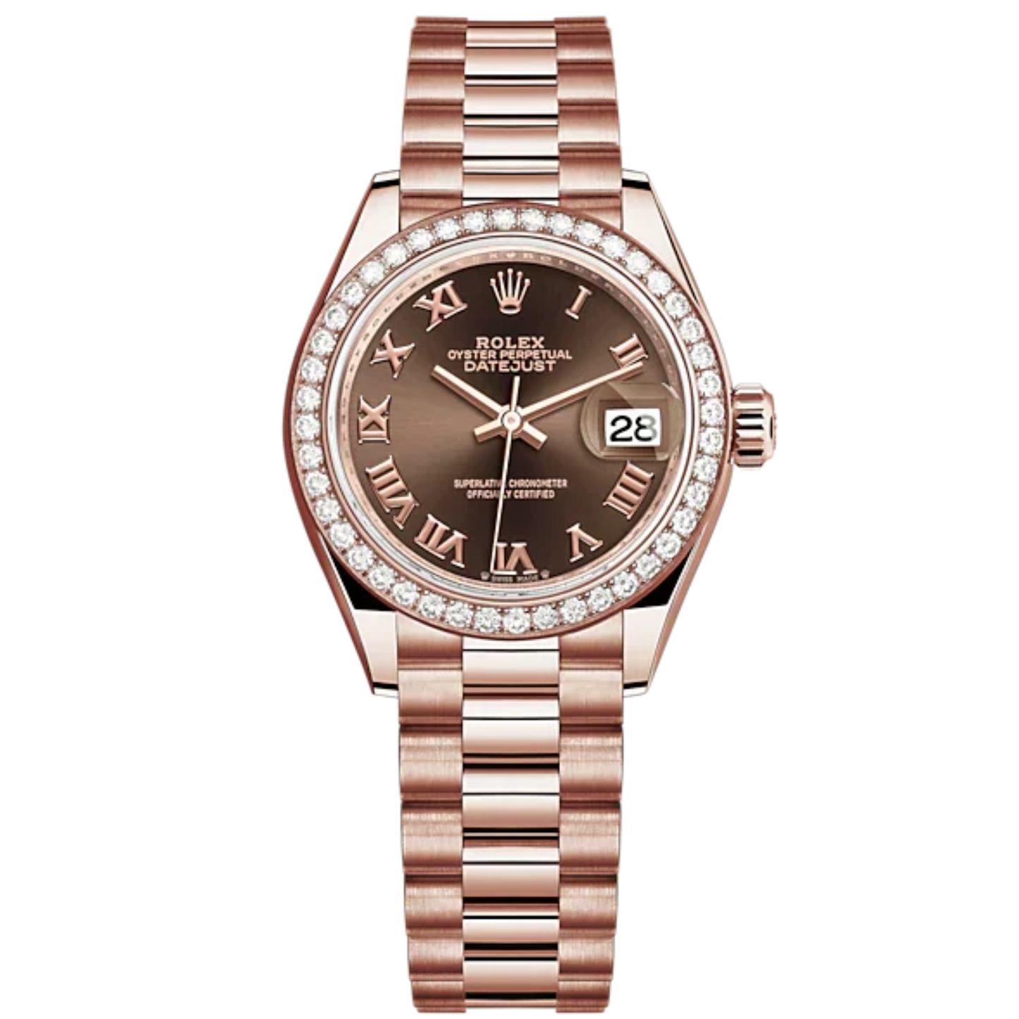 Lady-DateJust 28mm President Bracelet and 18 KT Everose Gold with Chocolate Dial and Diamond-Set Bezel