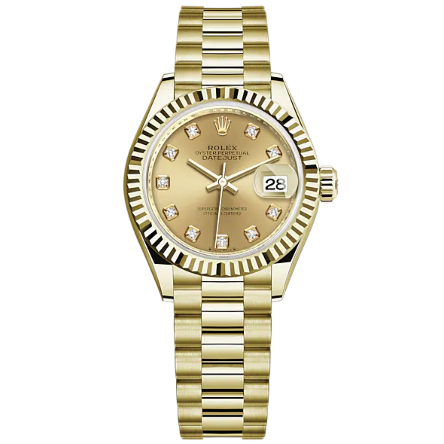 Lady-DateJust 28mm President Bracelet and 18 KT Yellow Gold with Champagne-Colour Dial Diamond-Set Dial and Fluted Bezel
