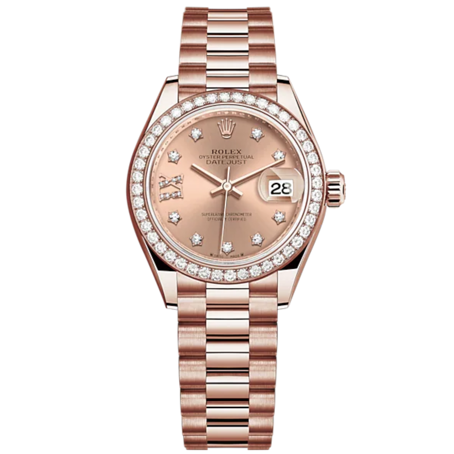 Lady-DateJust 28mm President Bracelet and 18 KT Everose Gold with Rosé-Colour Dial Diamond-Set Dial and Diamond-Set Bezel