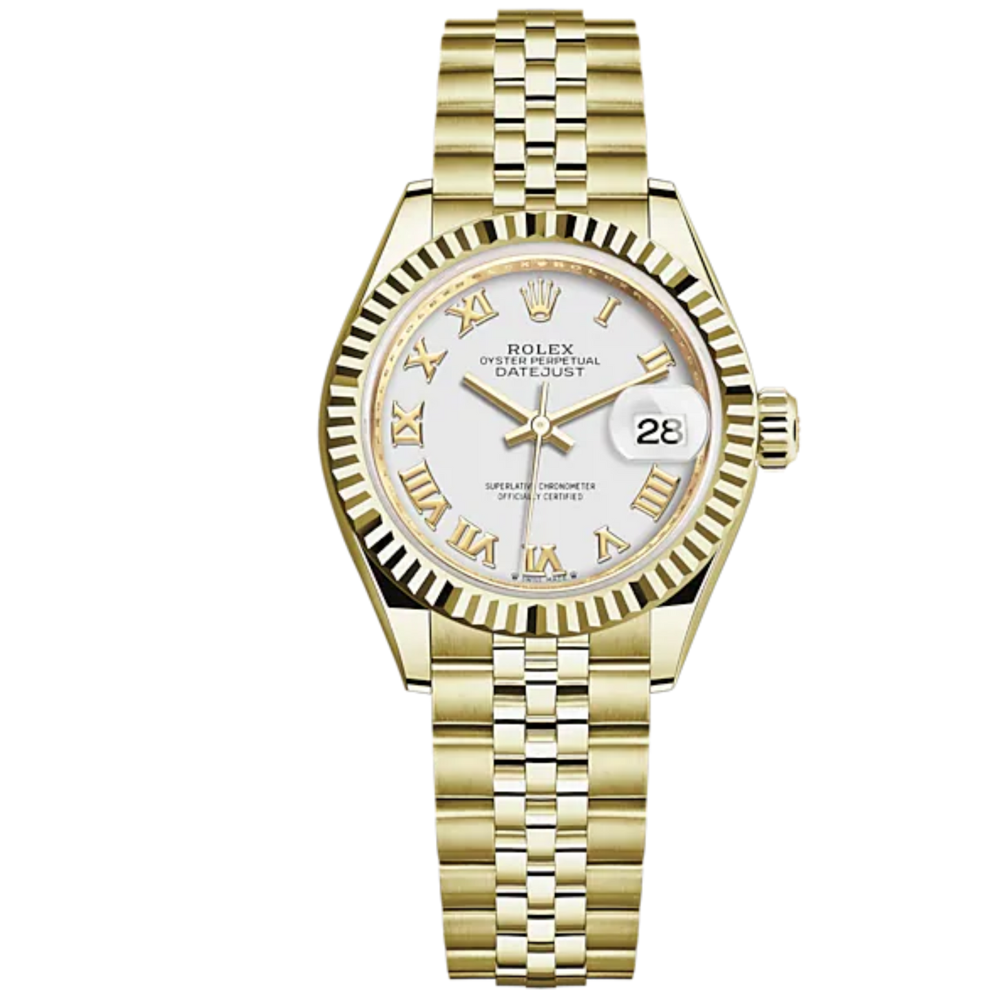Lady-DateJust 28mm Jubilee Bracelet and 18 KT Yellow Gold with White Dial and Fluted Bezel