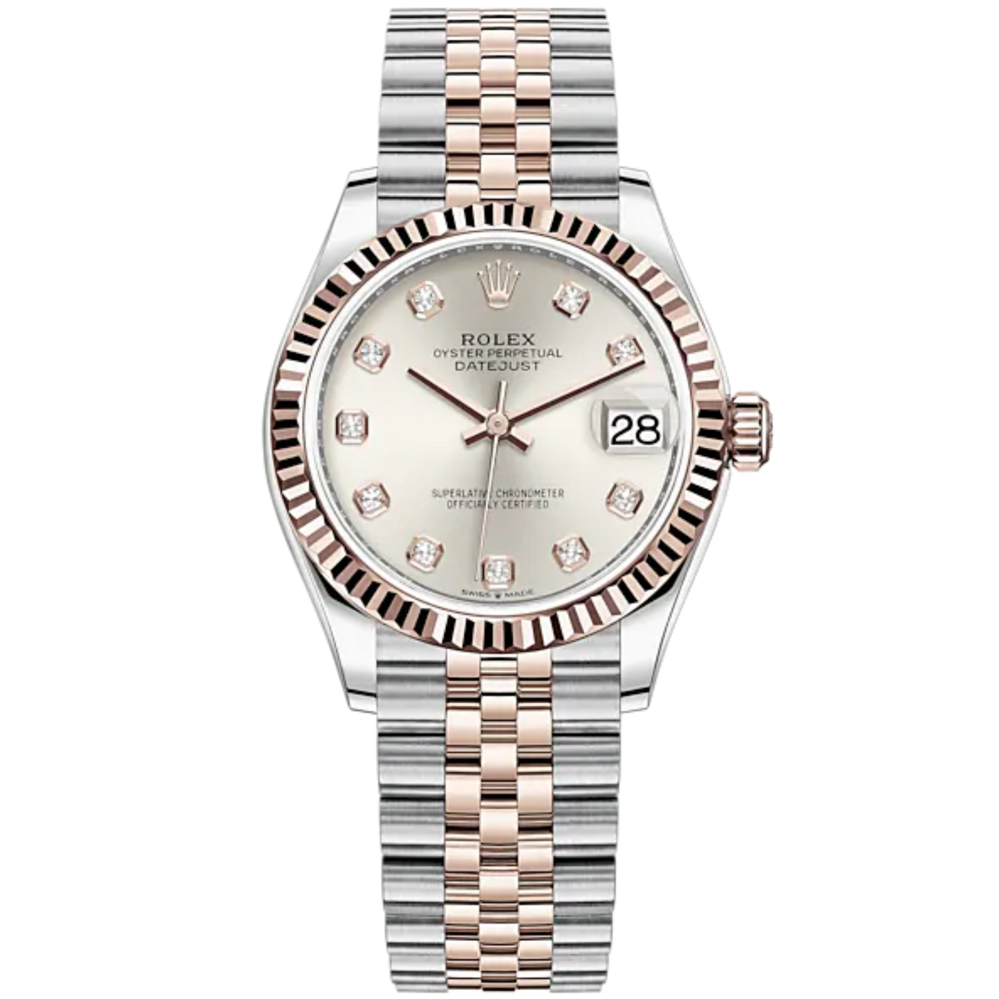 Datejust 31 31mm Jubilee Bracelet Oystersteel and Everose Gold Silver Diamond-Set Dial Fluted Bezel
