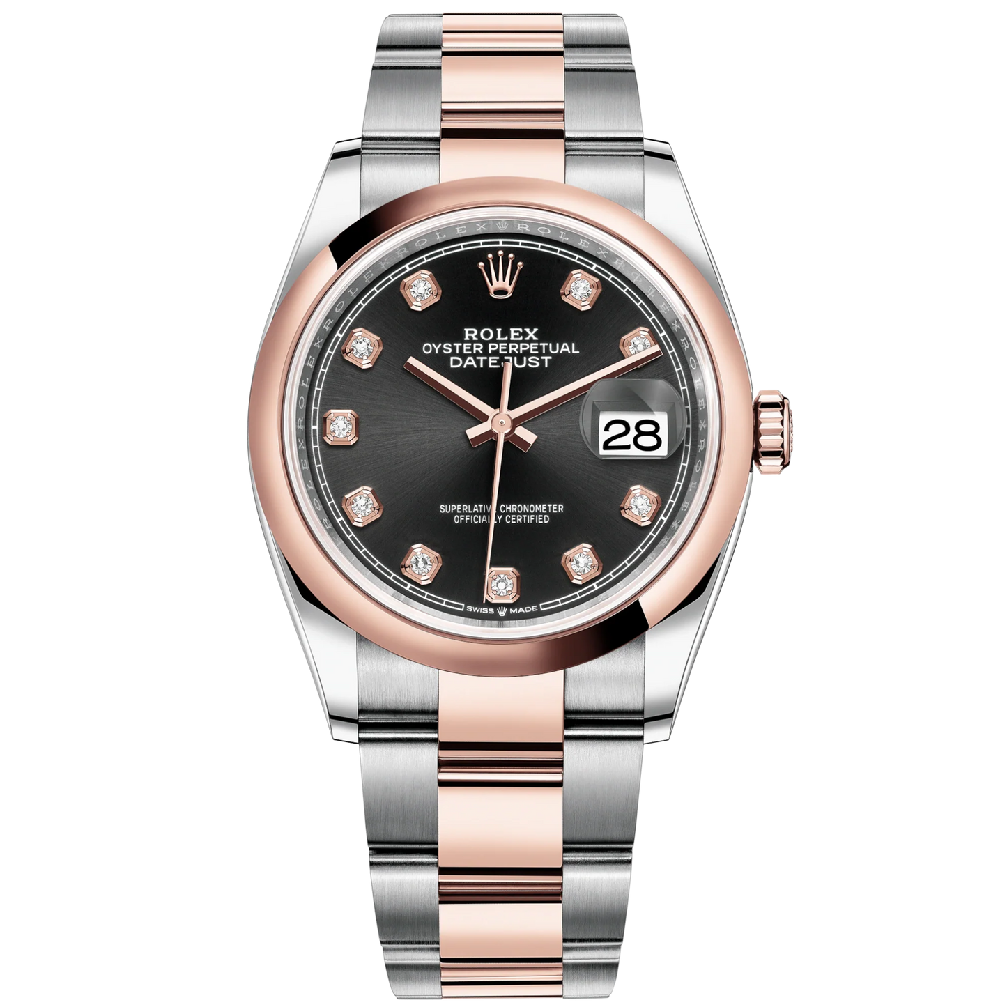Datejust 36 36mm Oystersteel and Everose Gold Oyster Bracelet Bright Black Diamond-set Dial Domed Bezel
