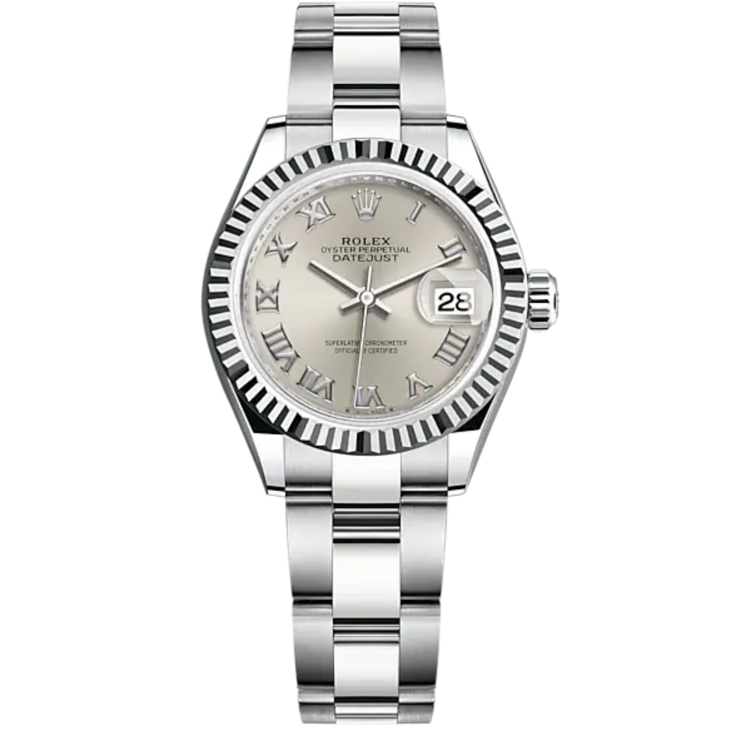 Lady-DateJust 28mm Oyster Oystersteel Bracelet and White Gold with Silver Dial and Fluted Bezel
