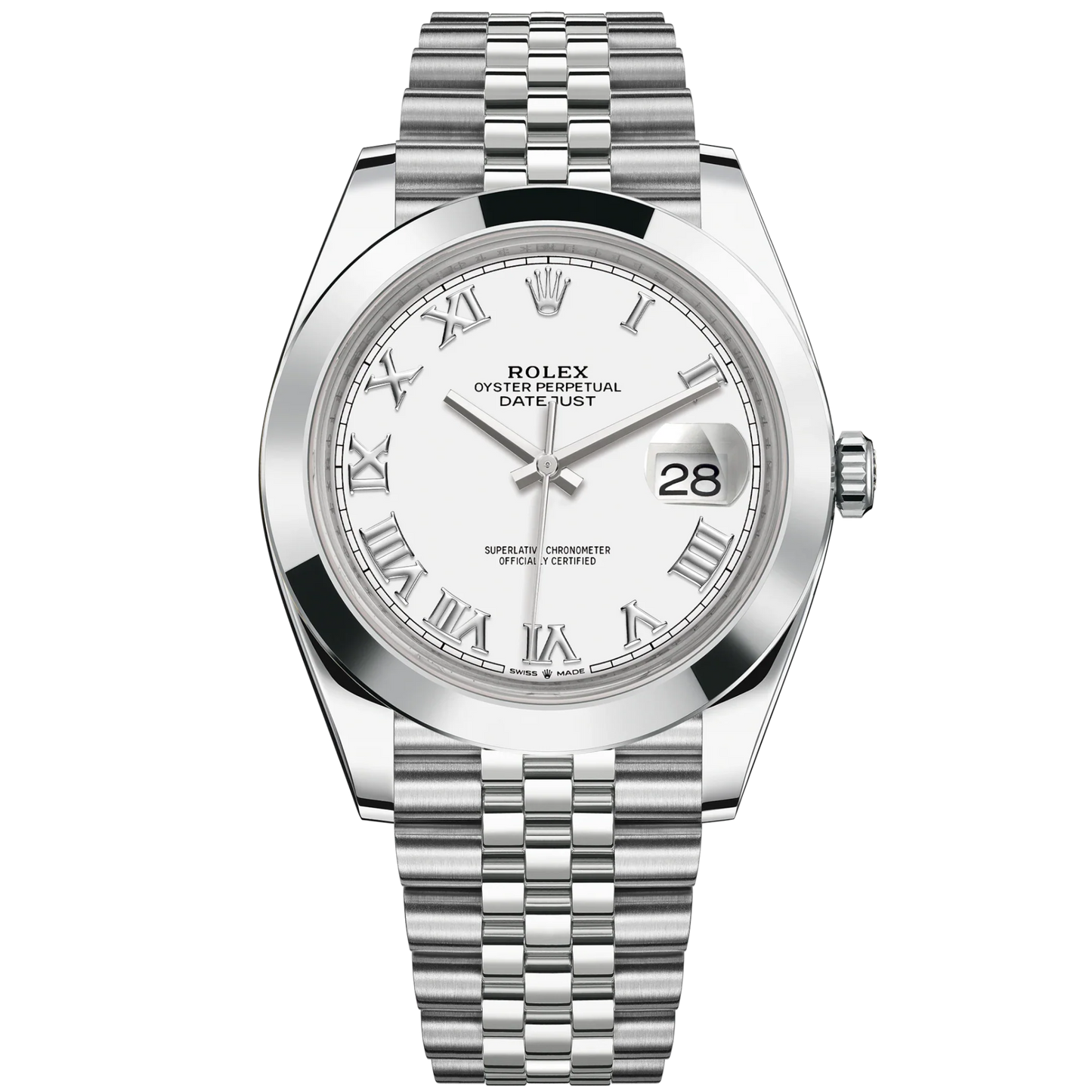 Rolex Ref. 126300 41mm White Roman Dial Datejust Smooth Bezel on Jubilee