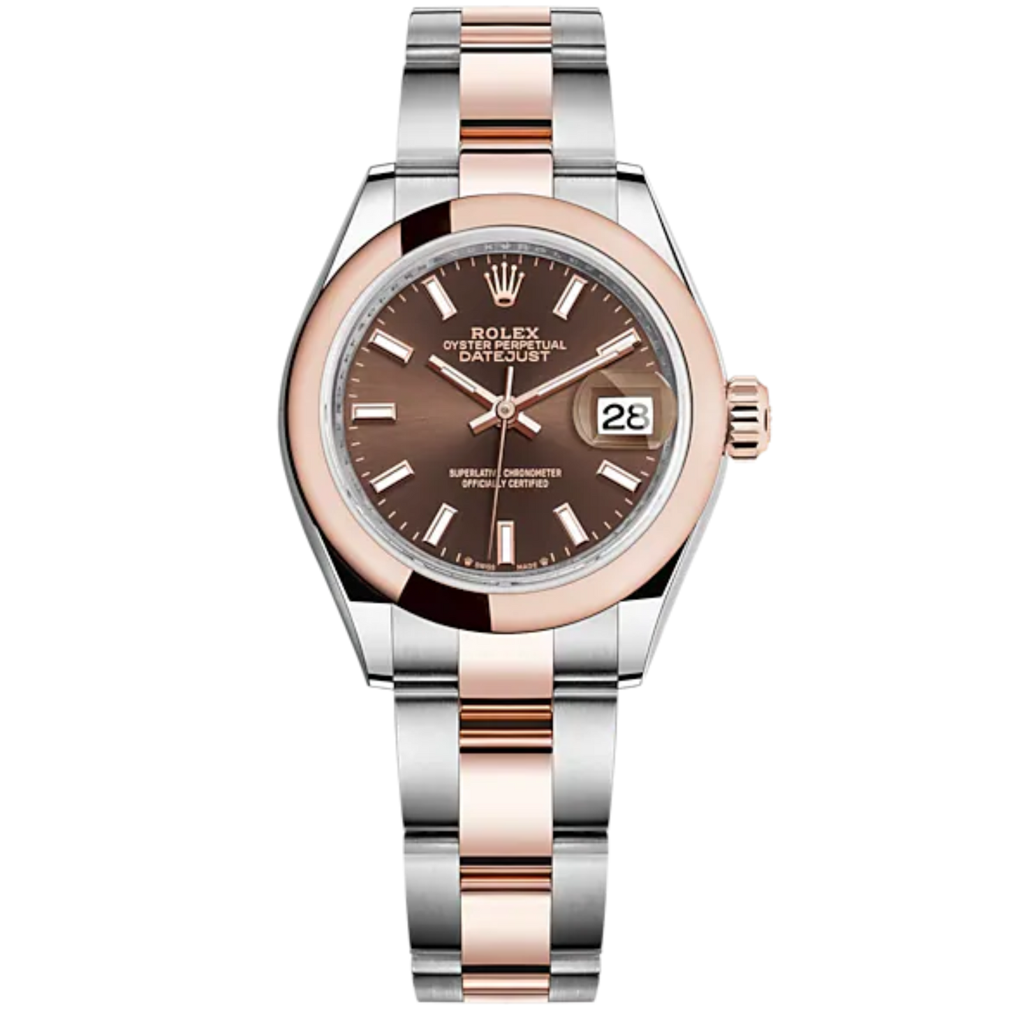 Lady-DateJust 28mm Oyster Oystersteel Bracelet and Everose Gold with Chocolate Dial and Domed Bezel
