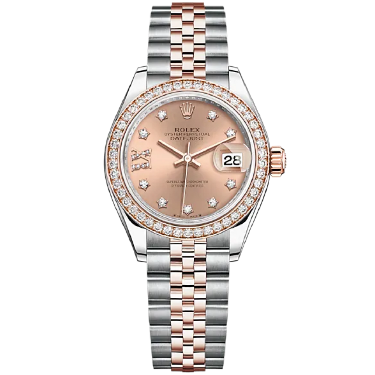 Lady-DateJust 28mm Oystersteel Jubilee Bracelet and Everose Gold with Rosé-Colour Dial Diamond-Set Dial and Diamond-Set Bezel