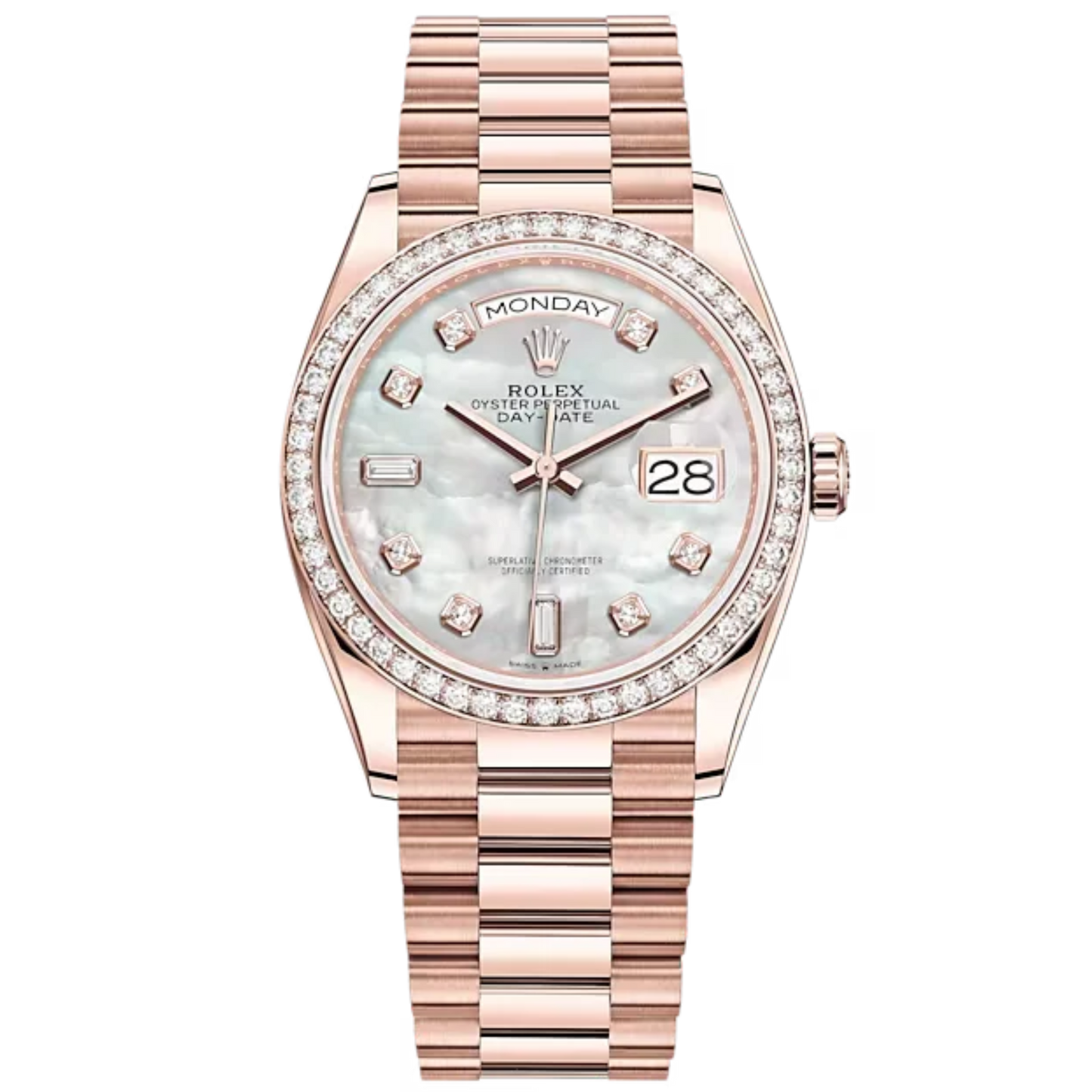 Day-Date 36 36mm President Bracelet and 18 KT Everose Gold with White Mother-of-Pearl Dial Diamond-Set Dial and Bezel