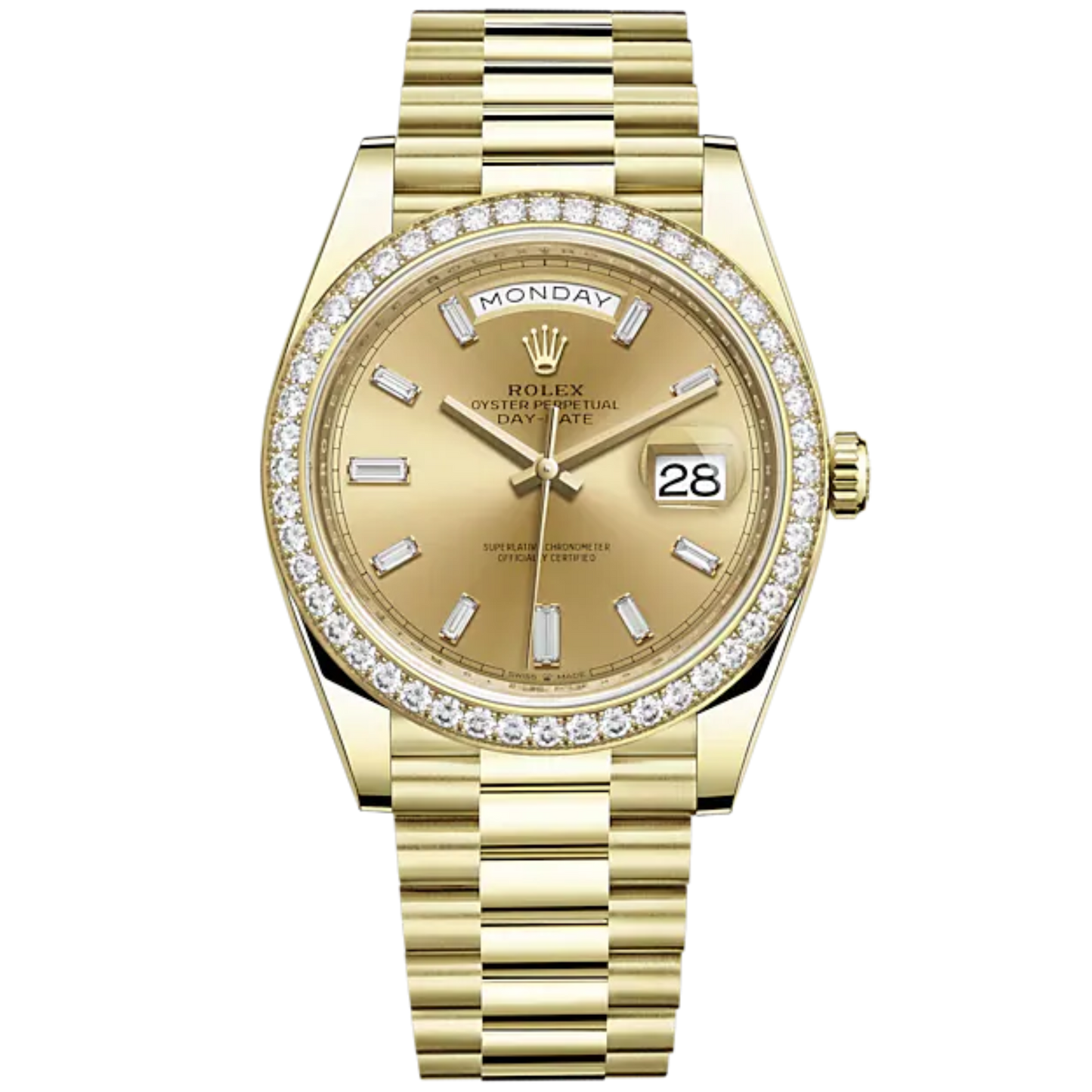 Day-Date 40 40mm President Bracelet and 18 KT Yellow Gold with Champagne-Colour Dial Diamond-Set Dial and Diamond-Set Bezel