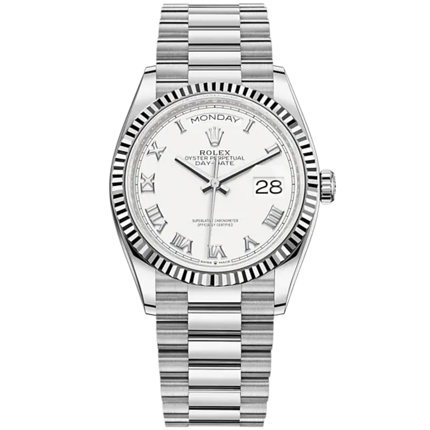 Day-Date 36 36mm President Bracelet and 18 KT White Gold with White Roman Dial Fluted Bezel