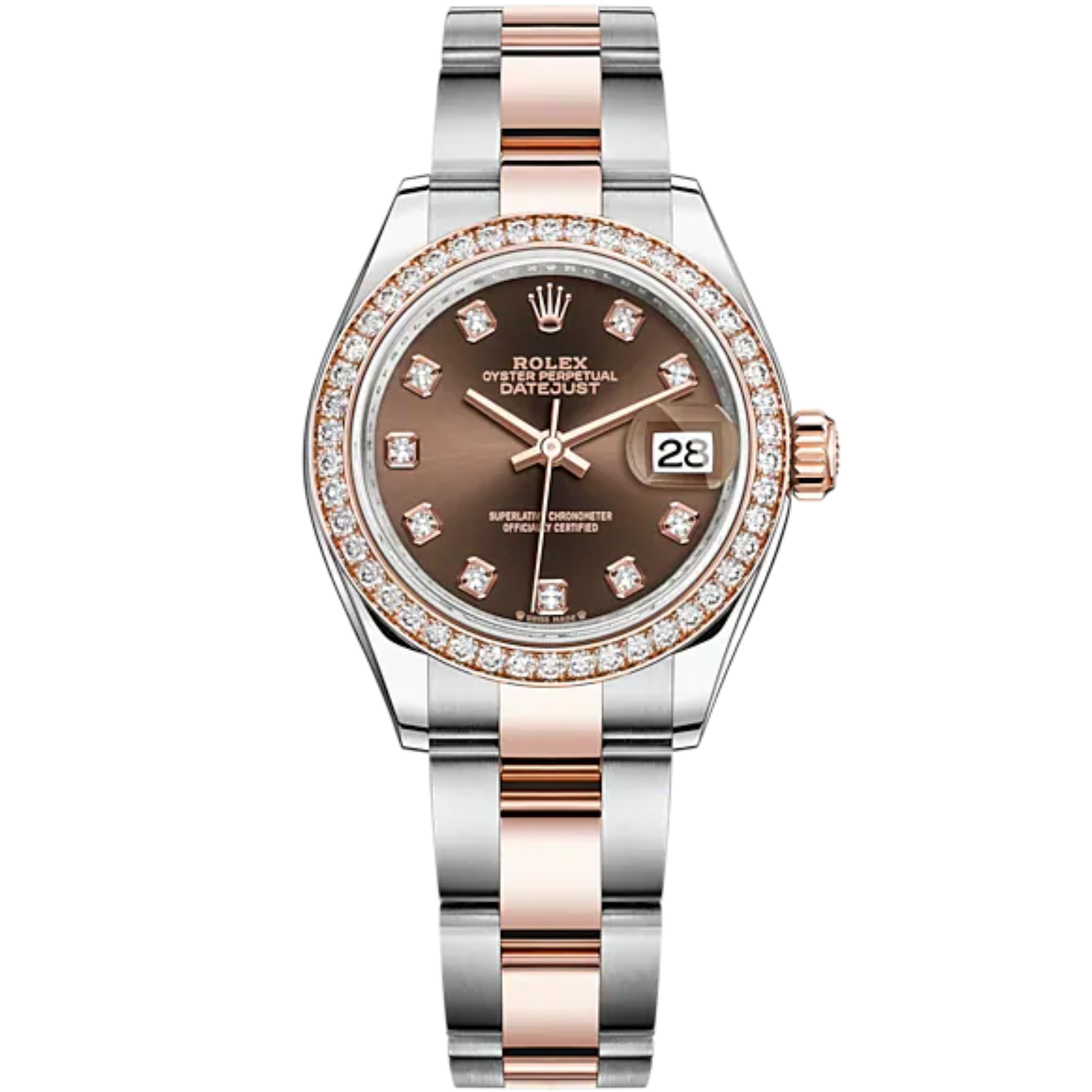Lady-DateJust 28mm Oyster Oystersteel Bracelet and Everose Gold with Chocolate Diamond-Set Dial and Diamond-Set Bezel