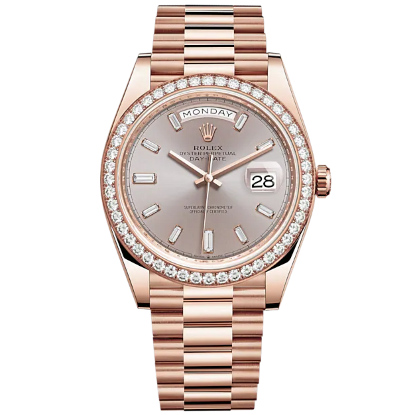 Day-Date 40 40mm President Bracelet and 18 KT Everose Gold with Sundust Diamond-Set Dial and Diamond-Set Bezel
