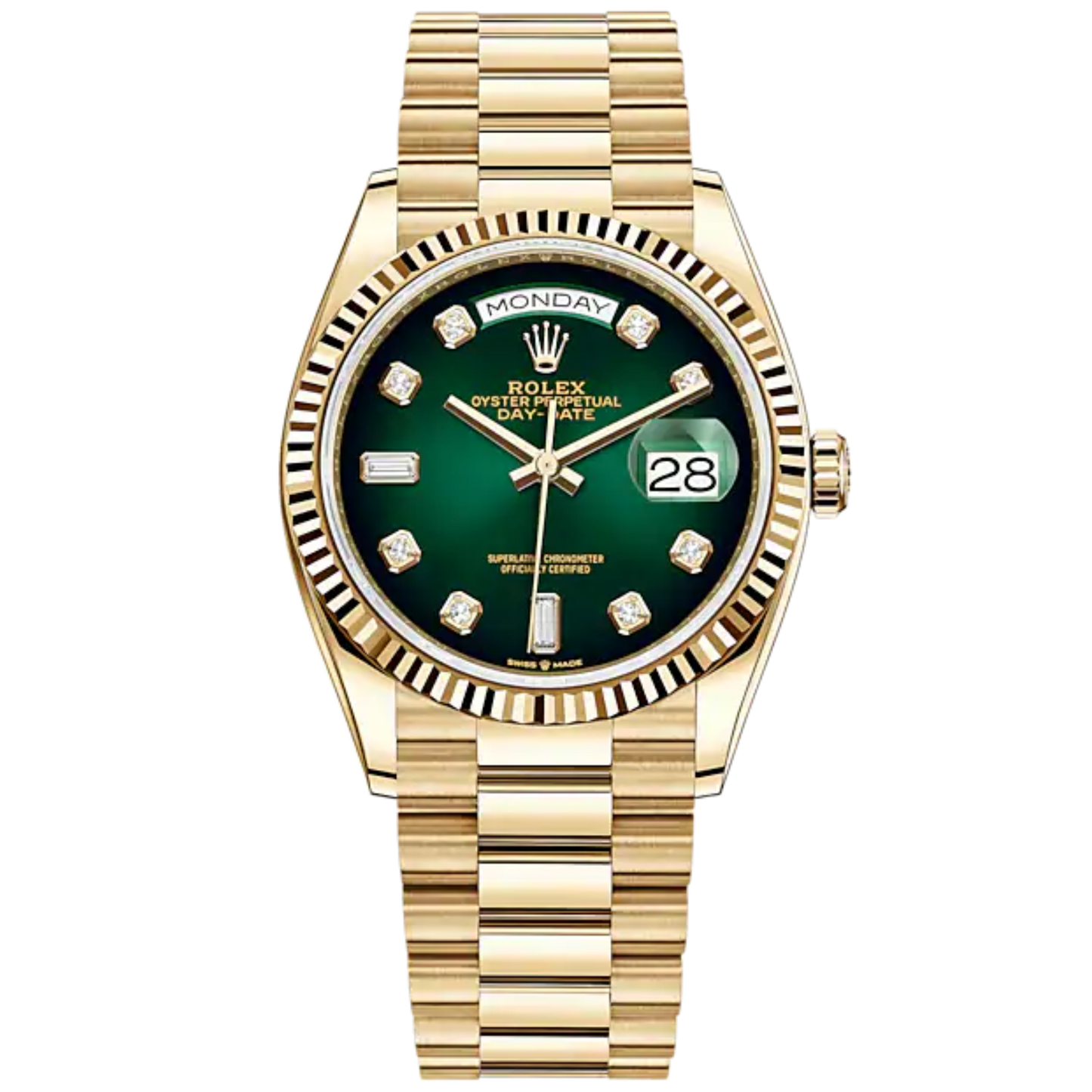 Day-Date 36 36mm President Bracelet and 18 KT Yellow Gold with Green Ombré Diamond-Set Dial Fluted Bezel
