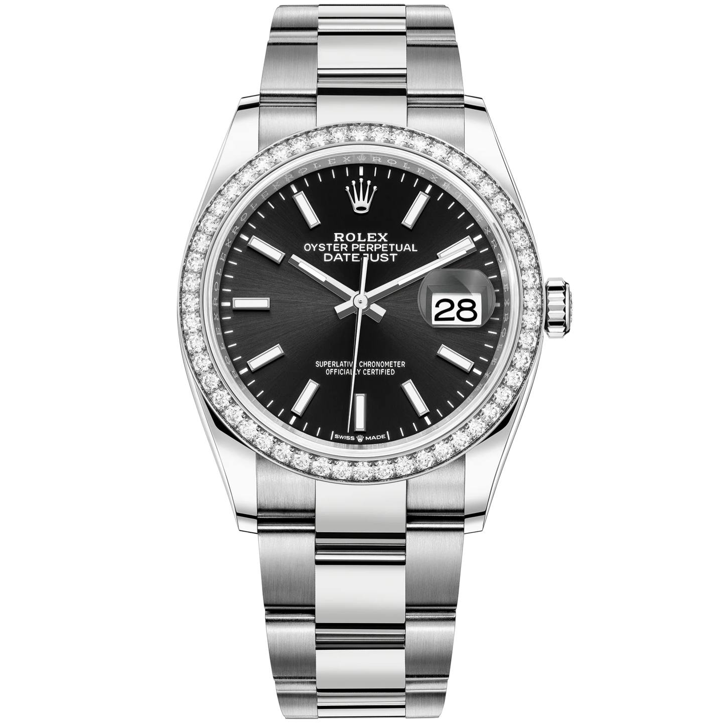 Rolex Datejust Ref. 126284RBR 36mm Oystersteel Bracelet with Black Stick Dial and Factory Diamond Bezel