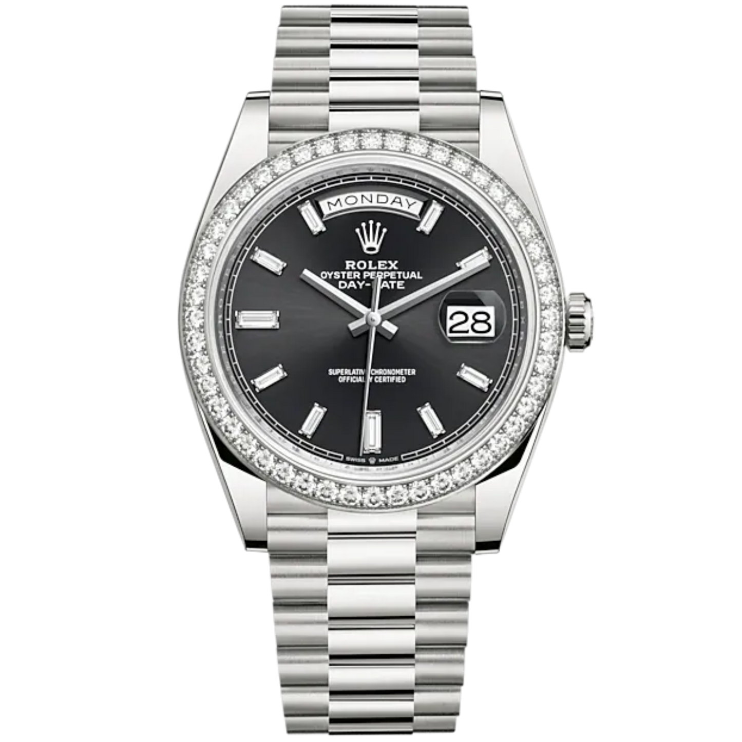 Day-Date 40 40mm President Bracelet and 18 KT White Gold with Bright Black Dial Diamond-Set Dial and Bezel