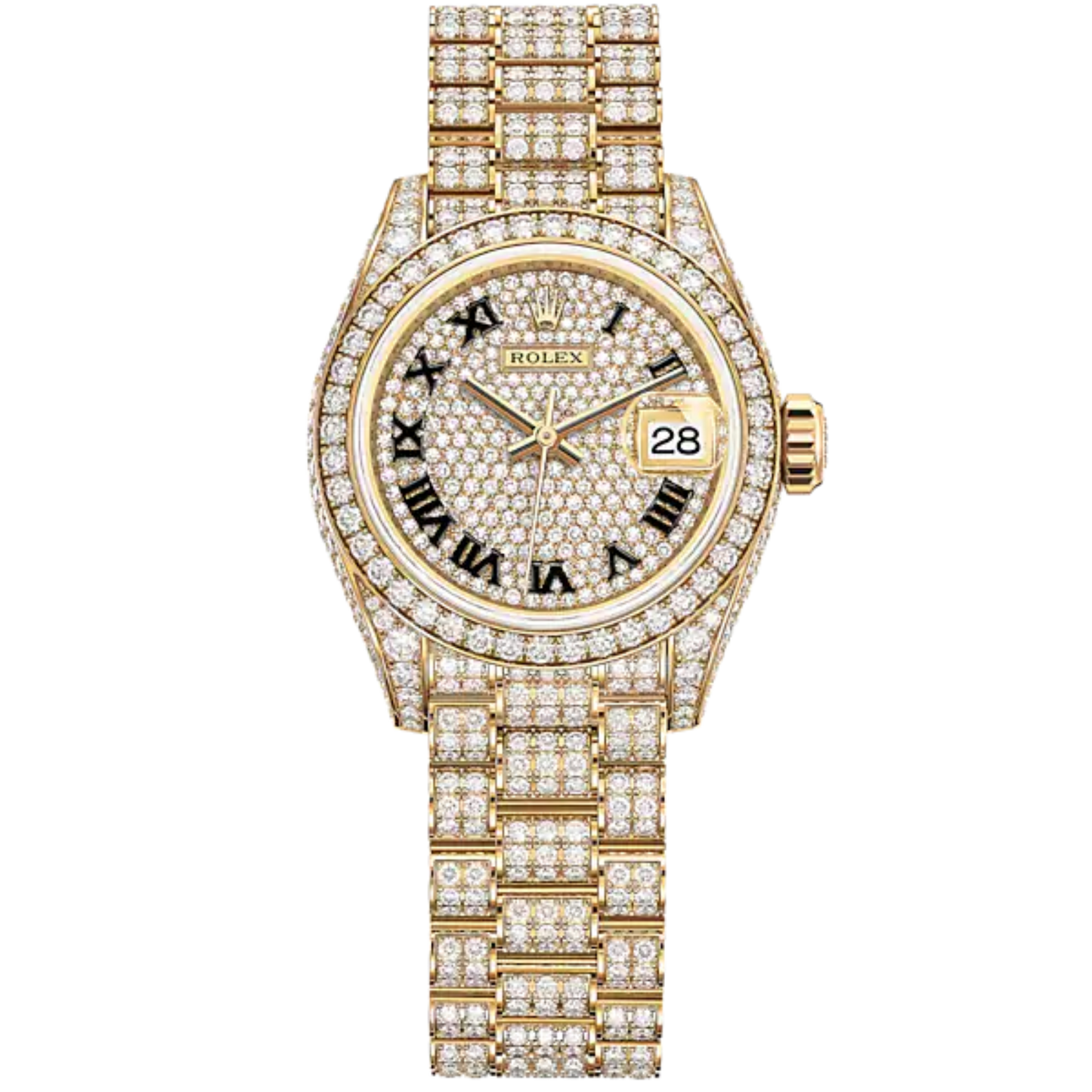 Lady-DateJust 28mm Diamond-Set President Bracelet and 18 KT Yellow Gold with Diamond-Paved Dial and Diamond-Set Bezel