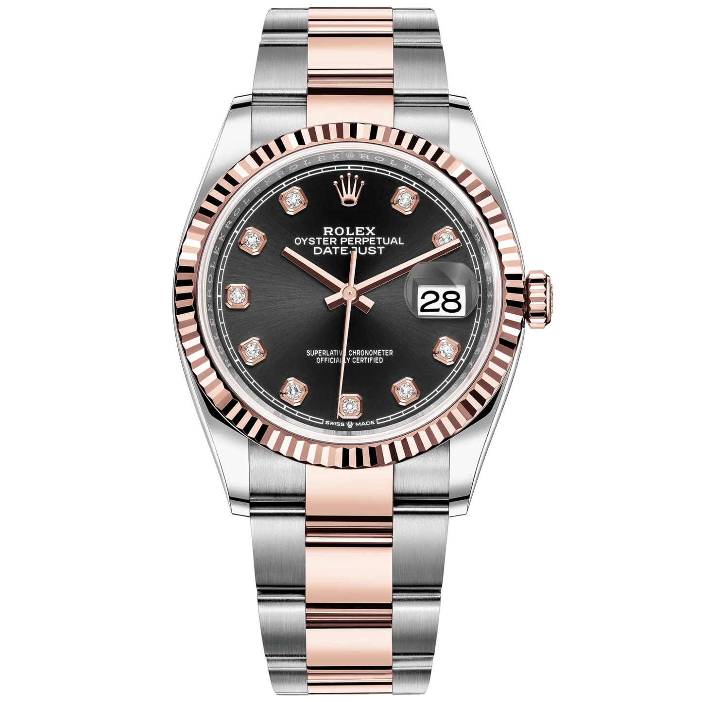 Datejust 36 36mm Oystersteel and Everose Gold Oyster Bracelet Bright Black Diamond-set Dial Fluted Bezel