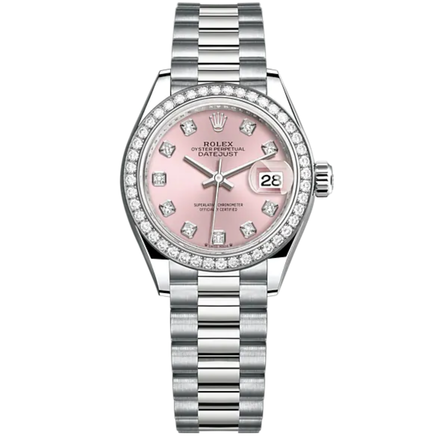 Lady-DateJust 28mm President Bracelet and 18 KT White Gold with Pink Dial Diamond-Set Dial and Diamond-Set Bezel